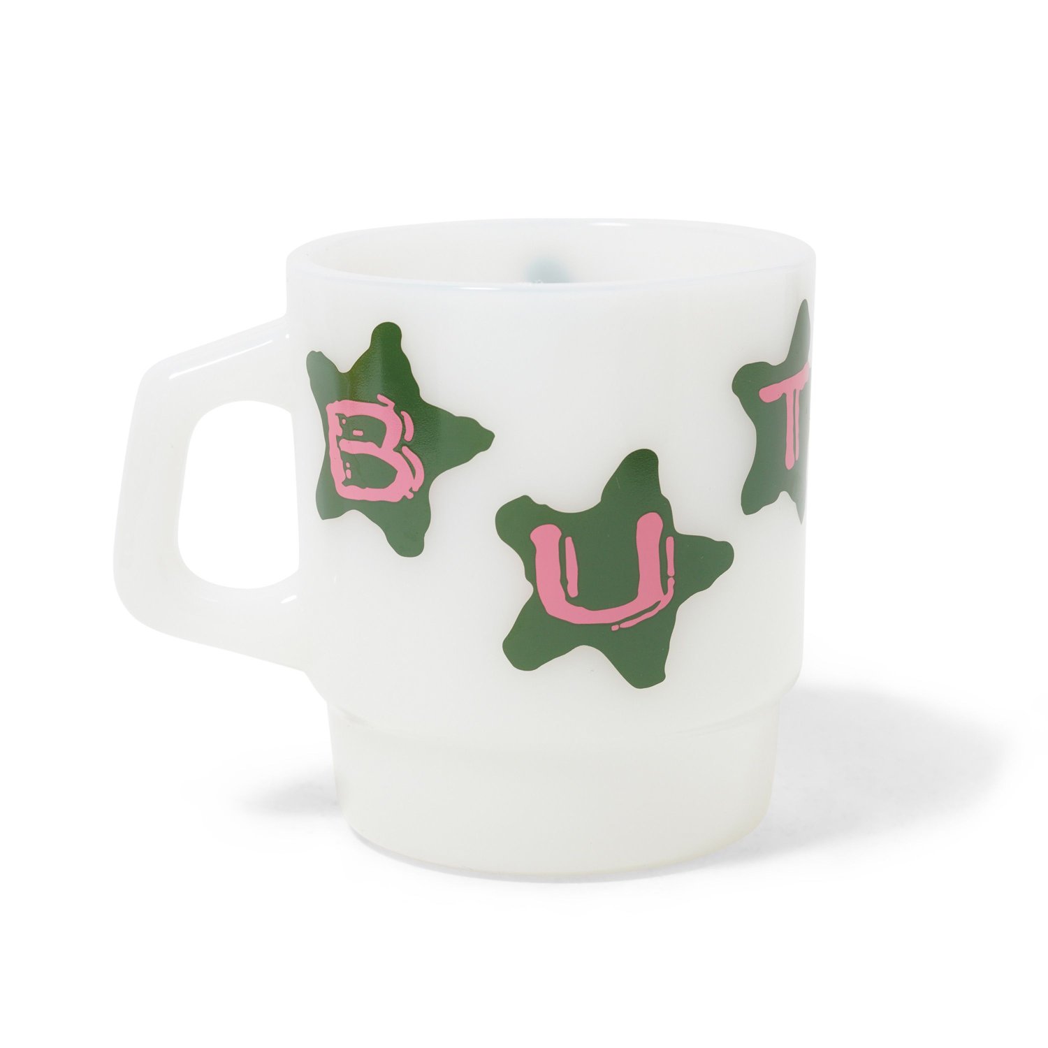 Tasse, Becher, Porzellan, Grünes Pinkes Muster, Sterne mit Gesichtern
