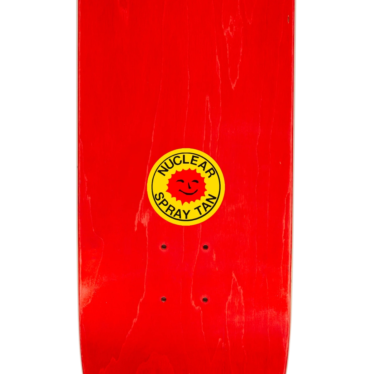 skateboard rouge, veinage du bois, logo circulaire, autocollant jaune, trous de préhension