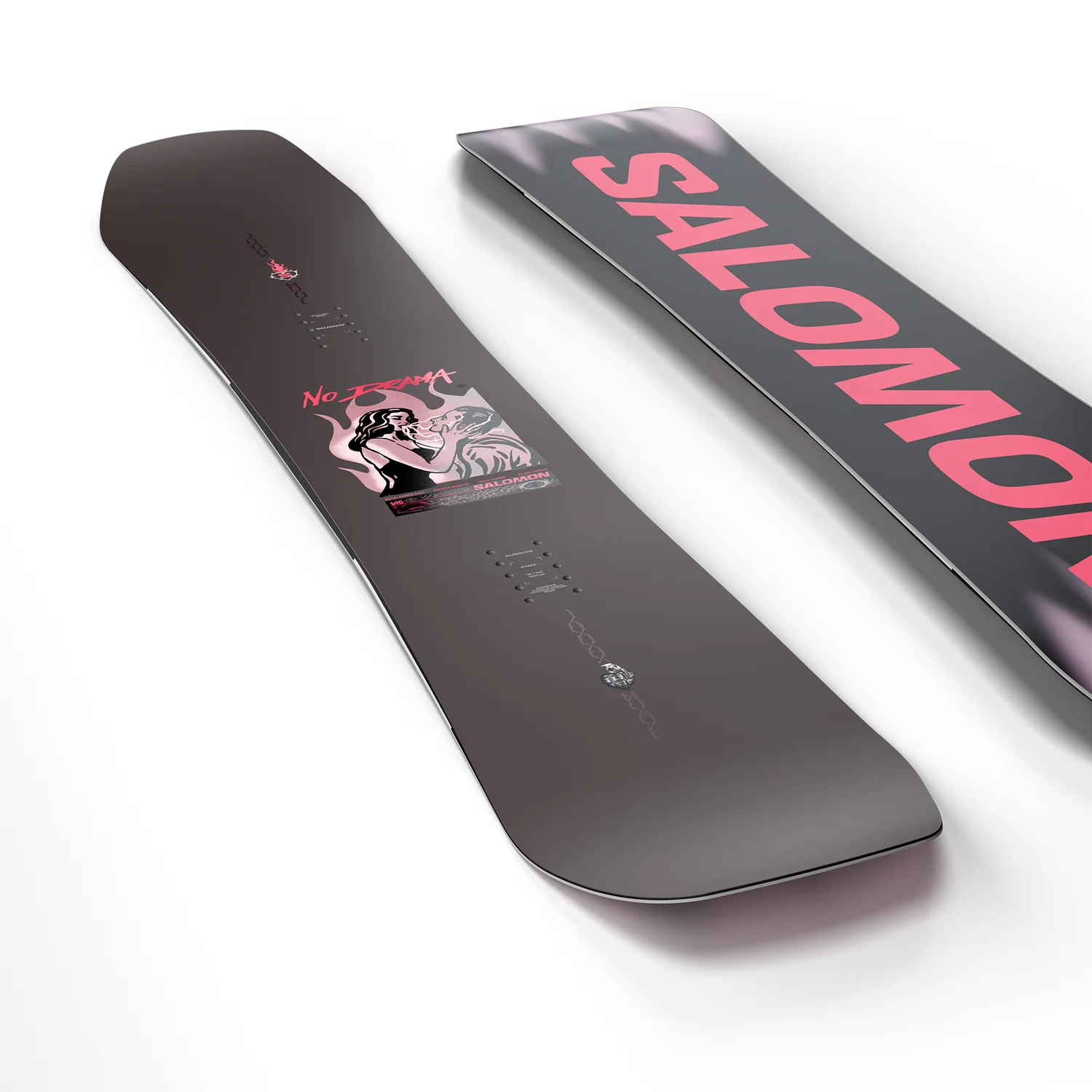 Snowboard, Graphisches Design, Rosa Akzente, Dunkelgrau, Side-Ansicht, Snowboard, Graphic, Rosa Akzente, Dunkelgrau, Twin Tip, Snowboard, Anthrazit, Rosa Grafik, Directional Shape, Salomon