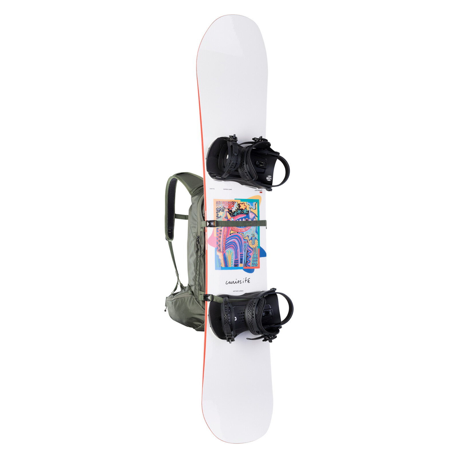 Snowboard, Weißes Snowboard, Bindungen, Rucksack inklusive, Grafikaufnahme