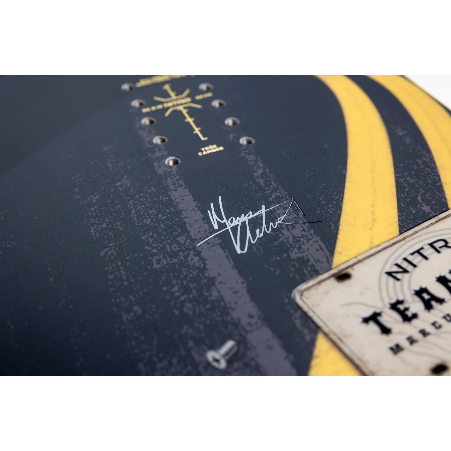 Snowboard, motif noir et jaune, directionnel, œillets métalliques, impression graphique