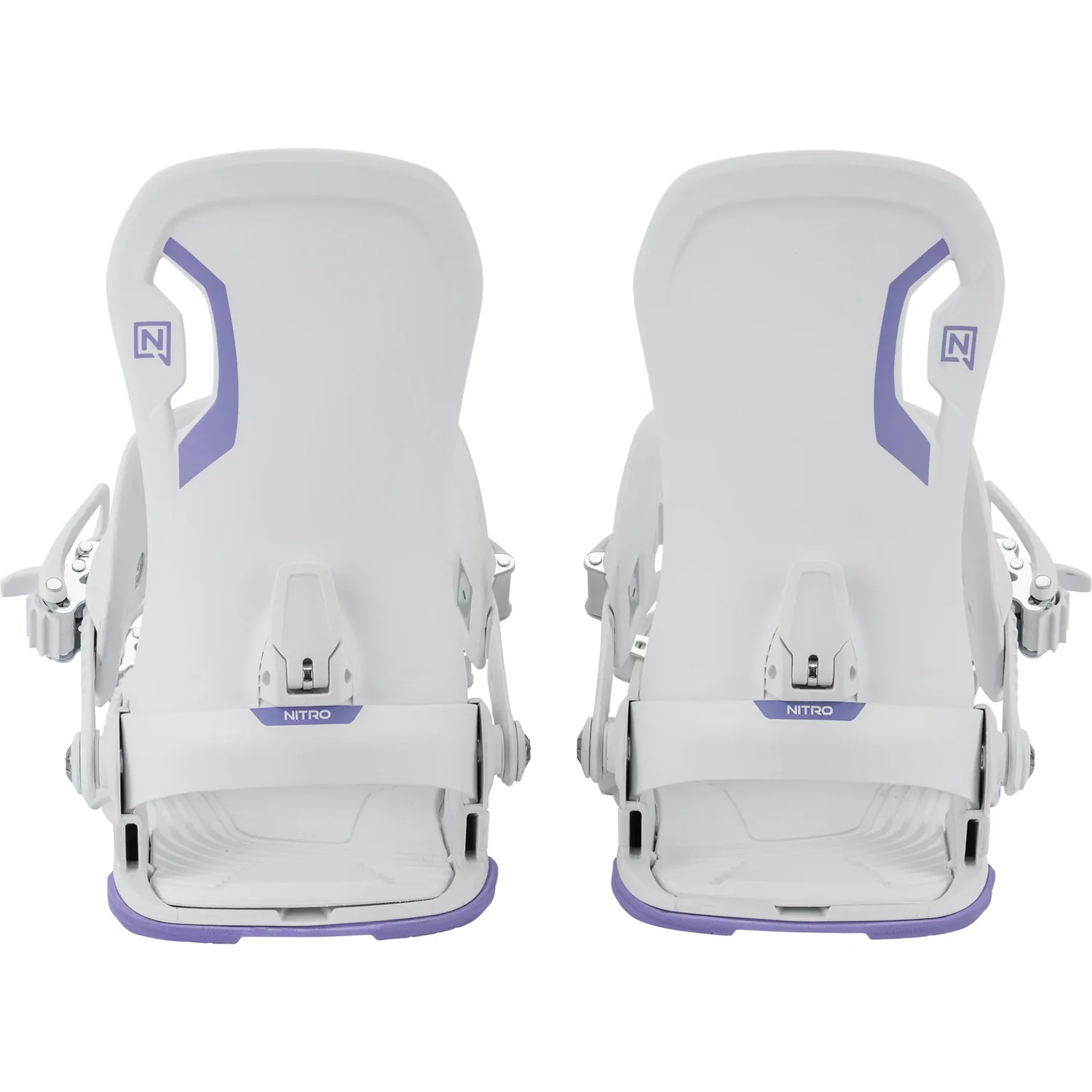 Charger Mini Box Youth Fixation de snowboard, plastique, blanche, touches violettes, fermeture à cliquet