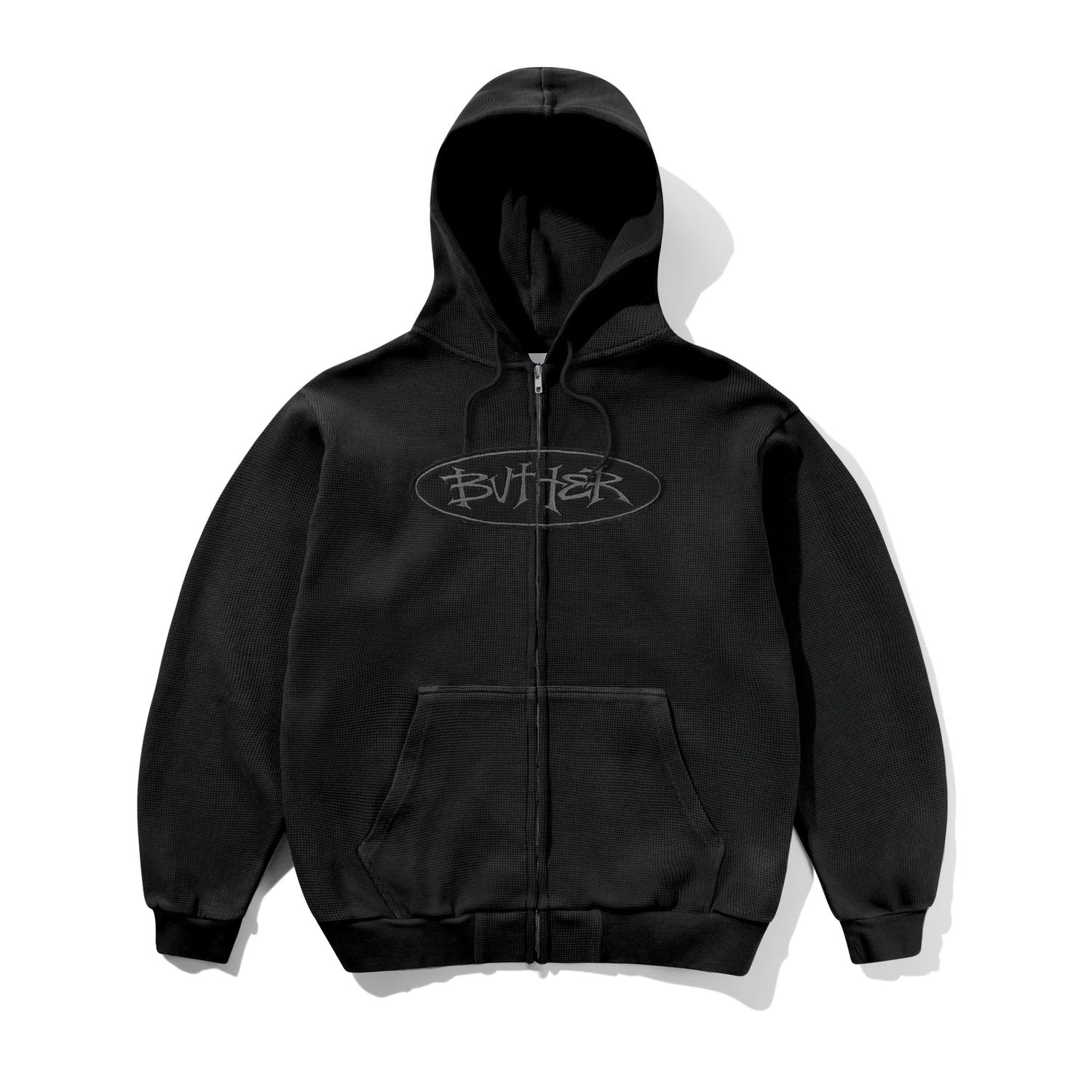 Tide Waffle Zip-Thru Hood Kapuzenjacke, schwarz, Reißverschluss, Kängurutasche, Logo-Aufdruck