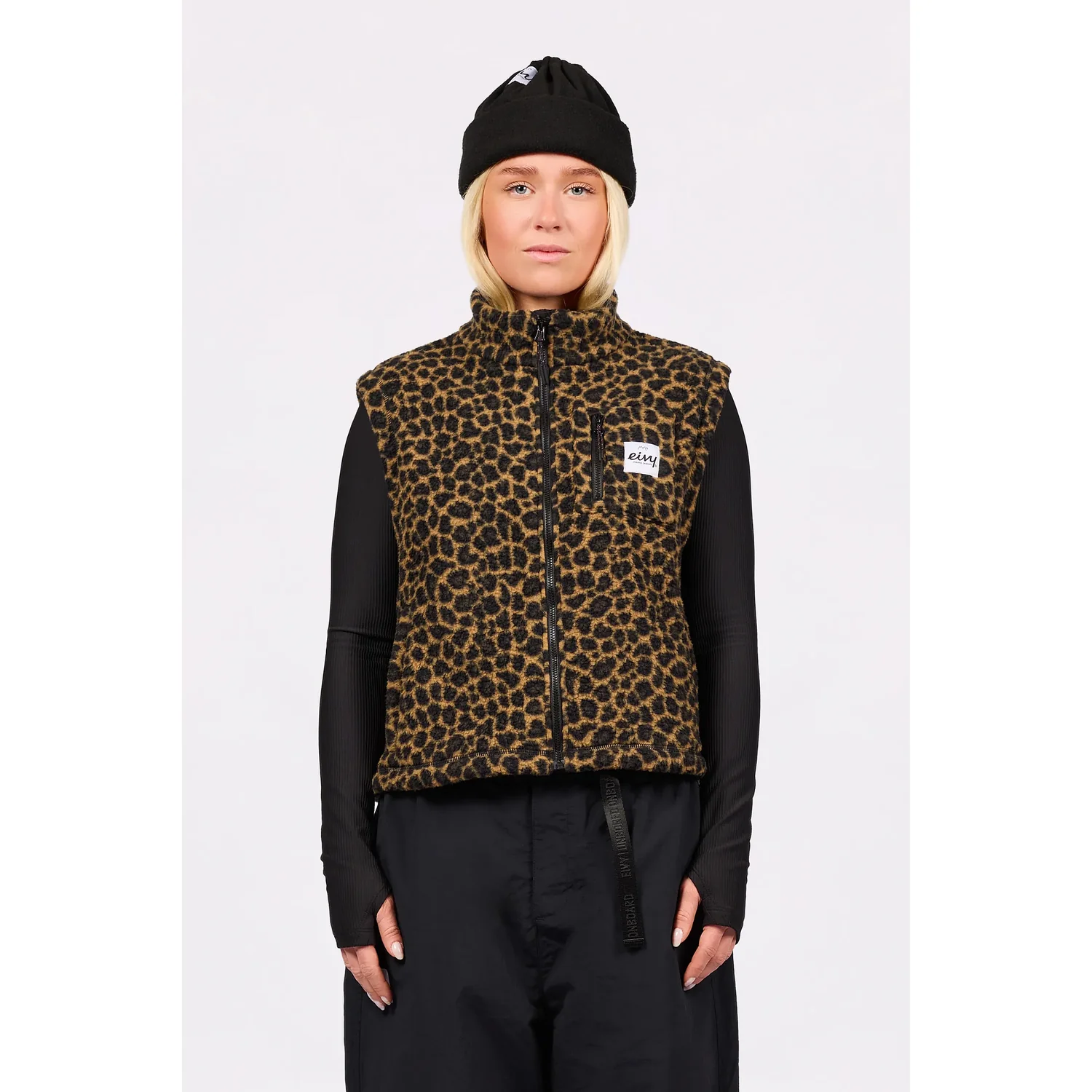 Leopard fleece, gepolsterte Weste, Reißverschluss, Tierdruck, Weste, Fleeceweste, Leopardenmuster, Reißverschluss, Stehkragen, Braun-Schwarz