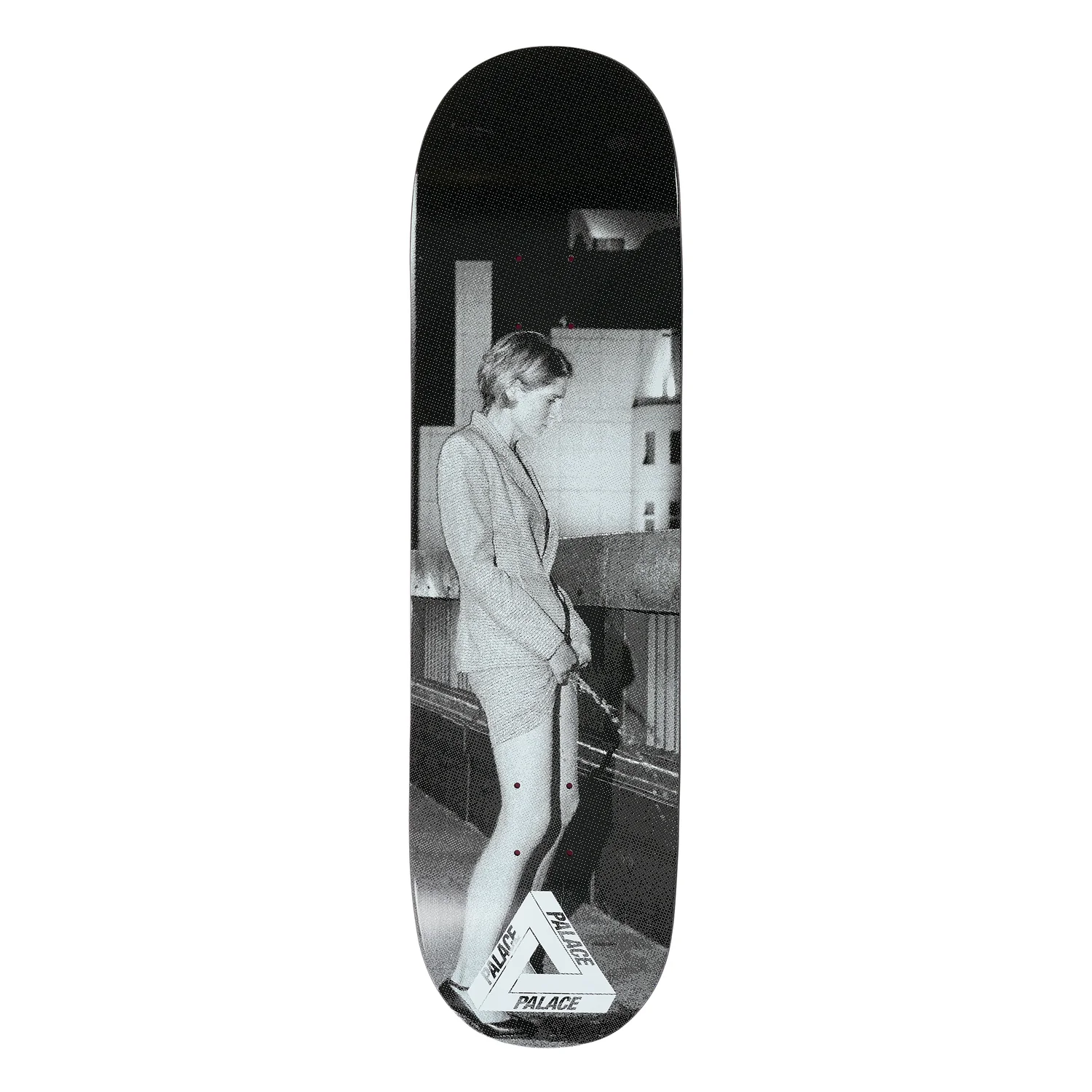 Planche de skateboard, noir et blanc, motif photo, planche en bois, logo Palace