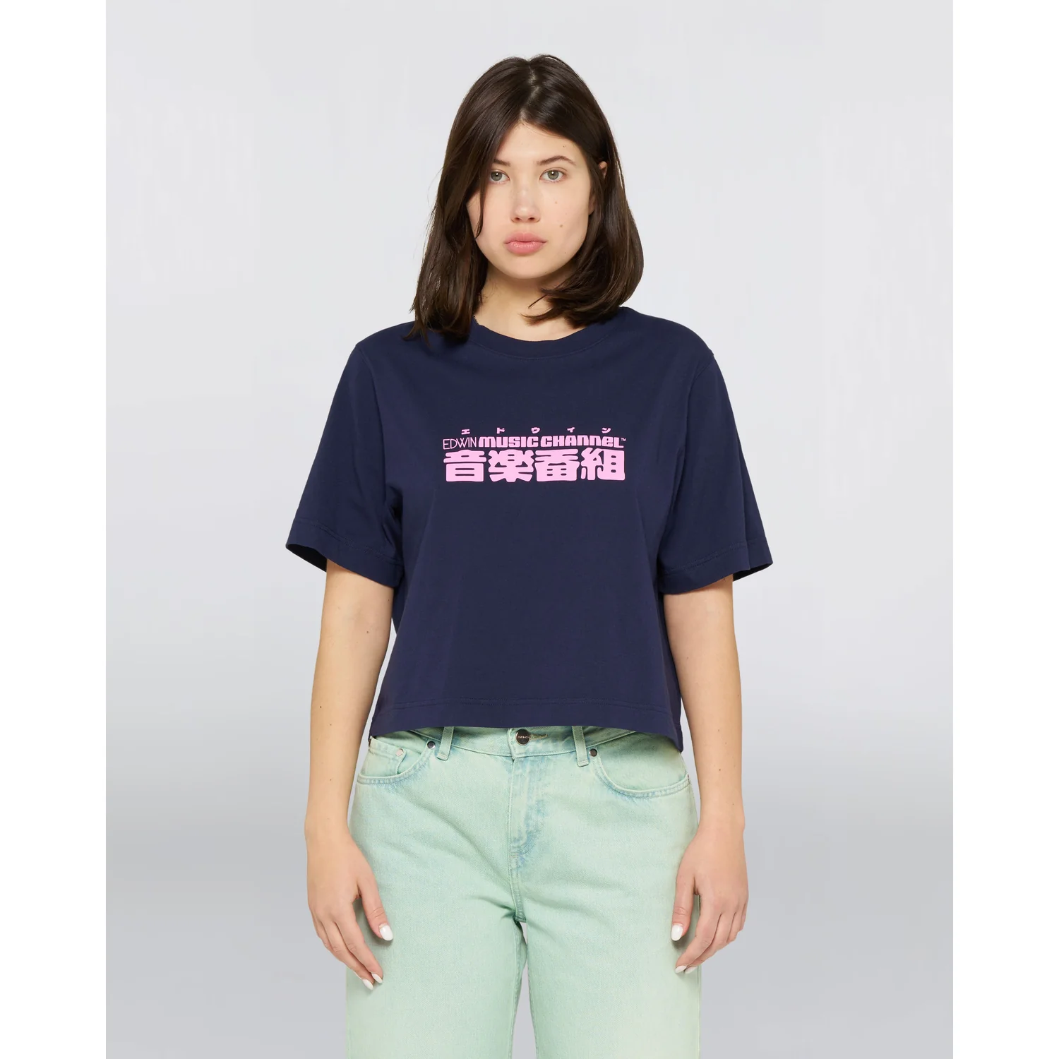 T-Shirt, Damenoberteil, Marineblau, Rundhalsausschnitt, Frontprint