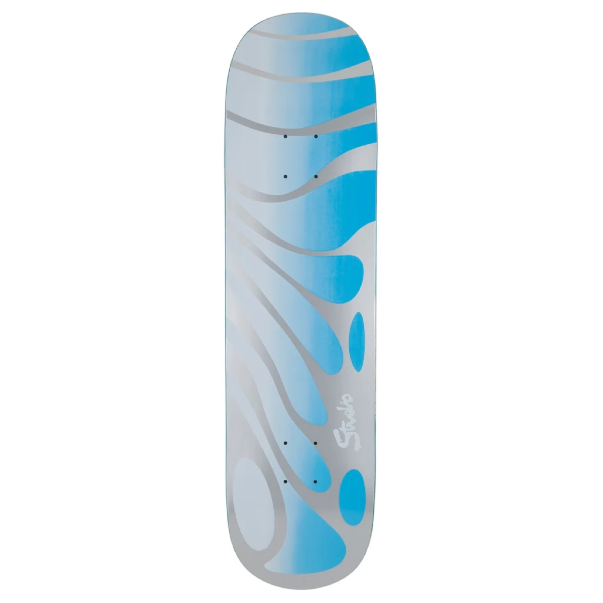  skateboard, planche de skateboard, motif bleu, trous de grip, motif graphique