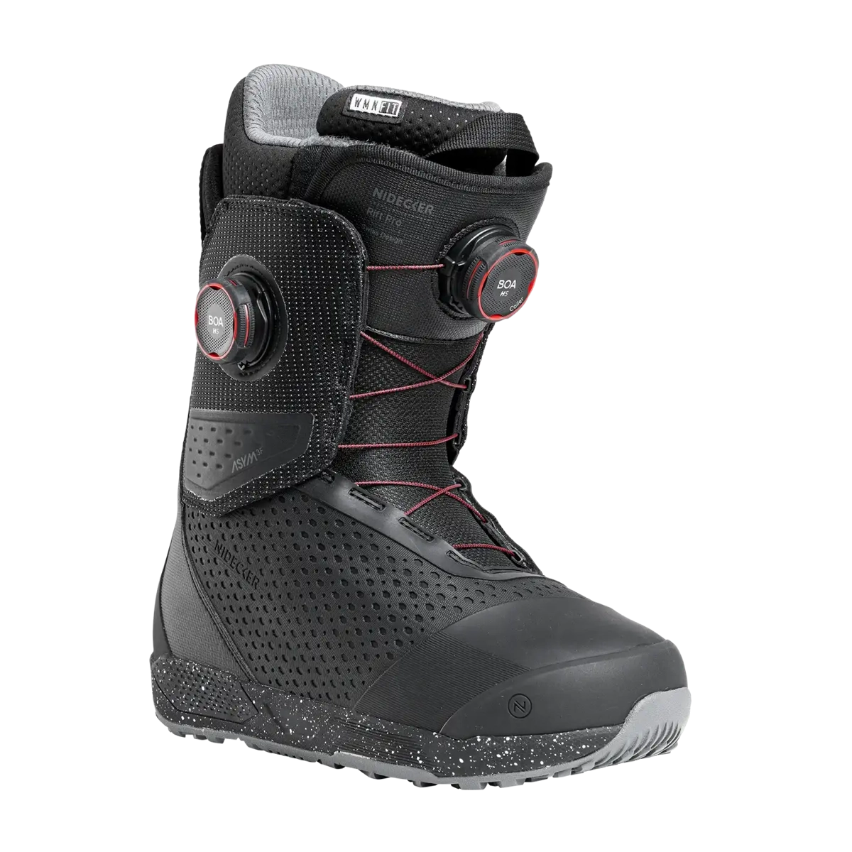 Rift Pro Women Chaussure de snowboard, chaussure mi-haute, molette BOA, noire, tige perforée, chaussure de snowboard, système BOA, chaussure noire, tige perforée, semelle mouchetée