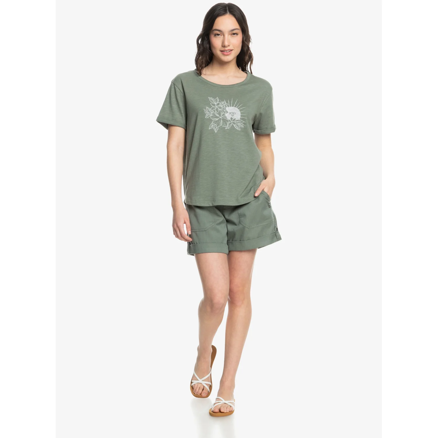 Damen-T-Shirt, Olivgrün, Rundhalsausschnitt, Blumenprint, Kurze Ärmel