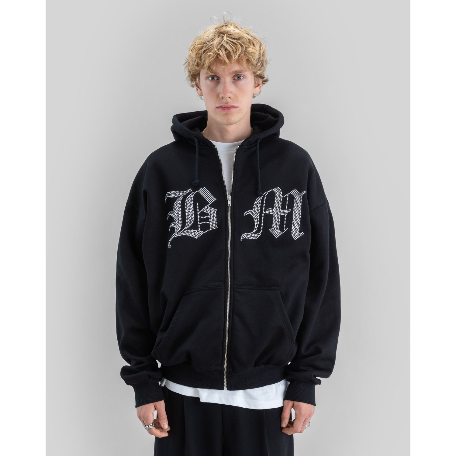 Stone Zip Hoodie Sweat à capuche, fermeture éclair, imprimé sur le devant, motif cristal, poche kangourou, sweat à capuche, sweat à capuche zippé, veste à capuche, imprimé, noir