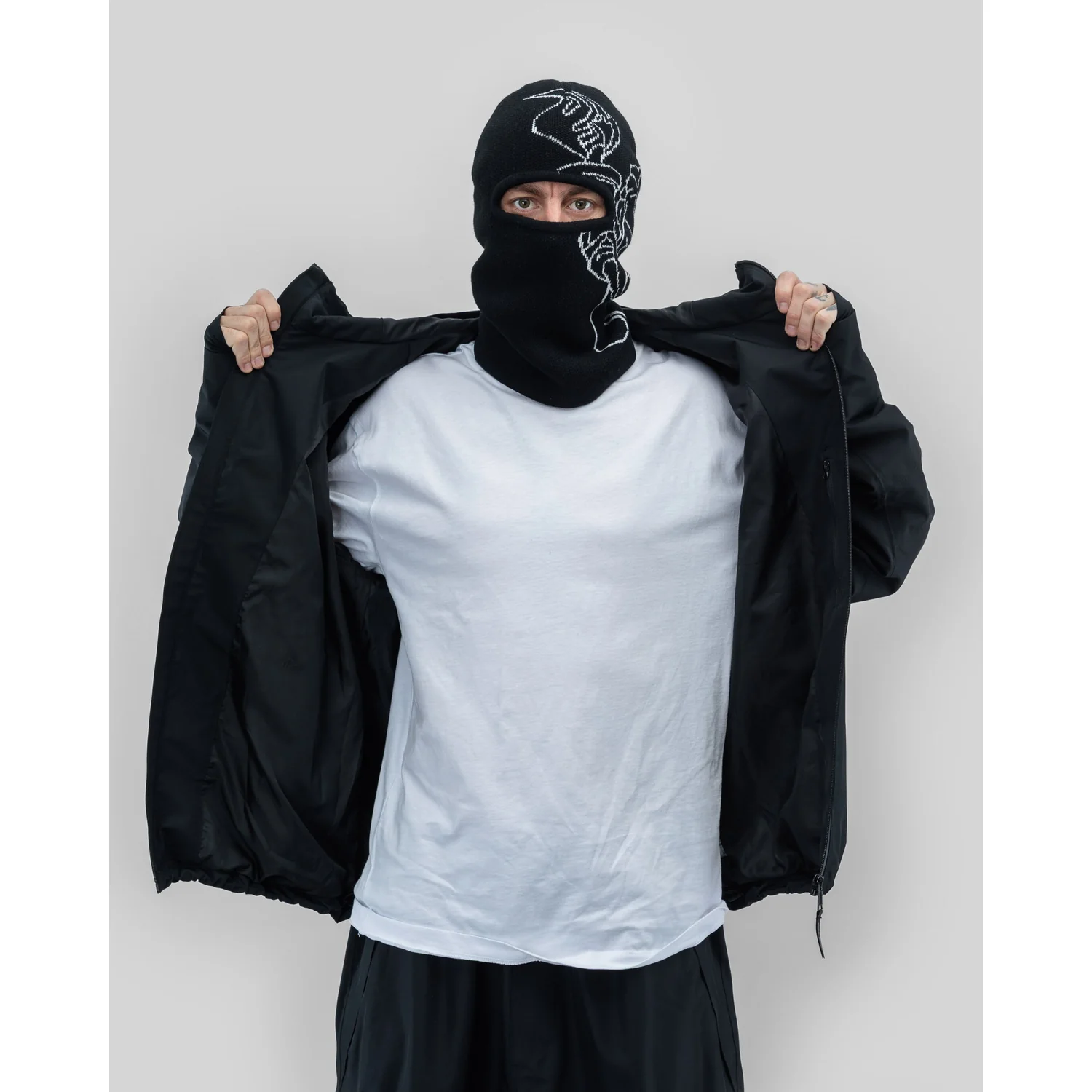 Park Jacket Sturmhaube, schwarze Strickmaske, Gesichtsmaske, weißes Muster