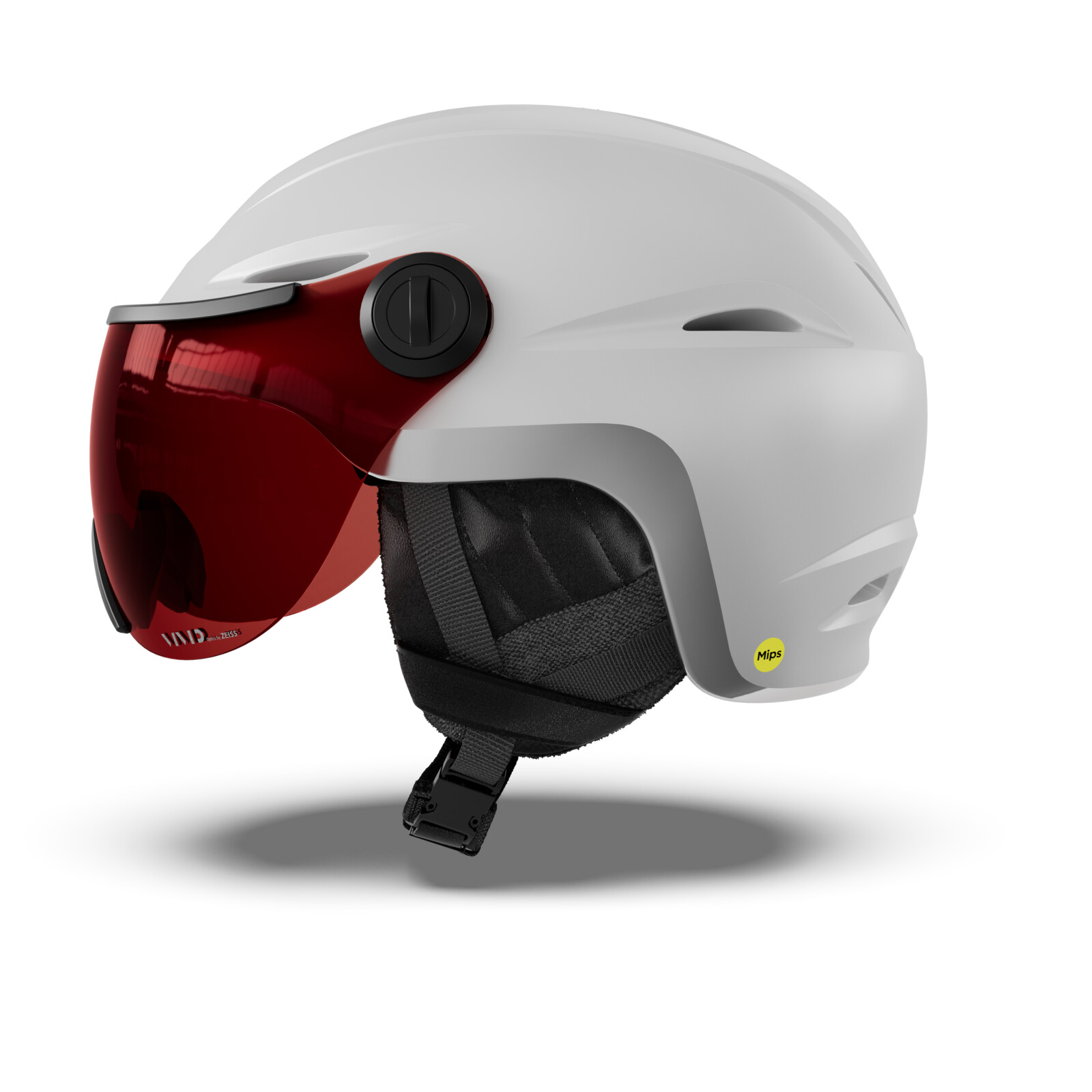 Vue MIPS VIVID Helmet Skihelm, weißer Helm, rote Visier, verstellbares Band, Goggle-kompatibel