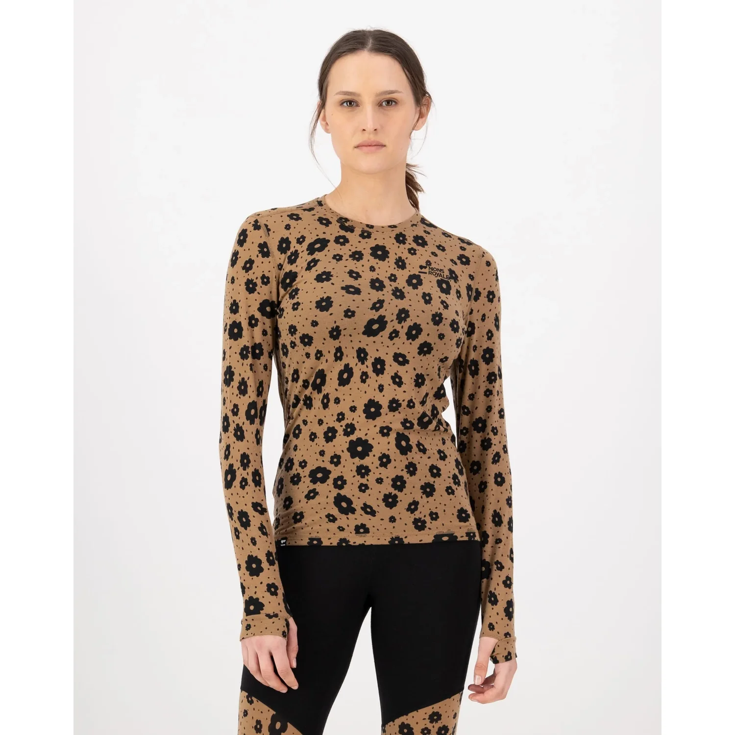 Cascade Mer.Ls Langarmshirt, Blumenmuster, Braun-schwarz, Rundhalsausschnitt, Stretchstoff