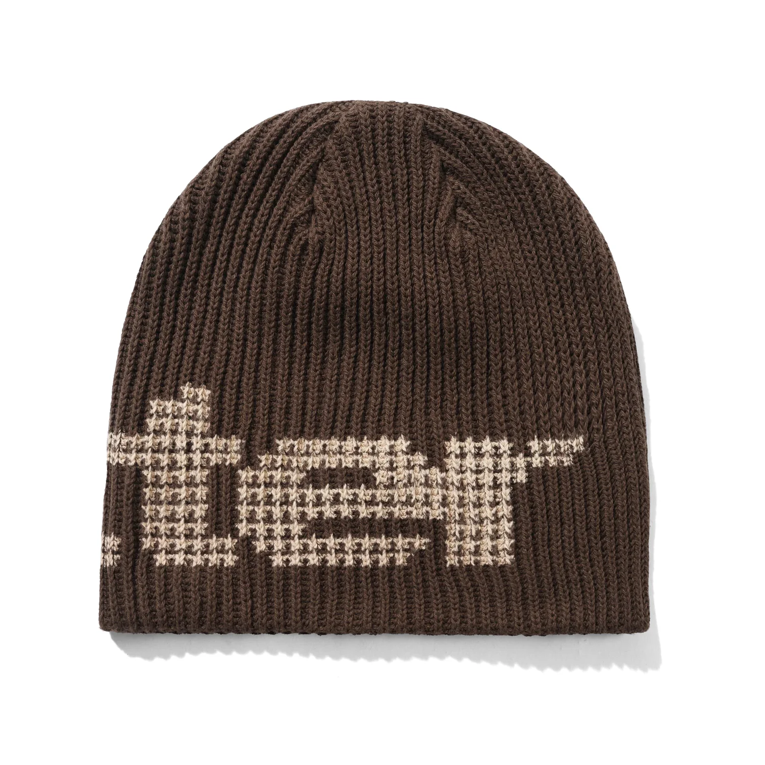 Stars Skully Beanie Strickmütze, Dunkelbraun, Rippstrick, Beiges Muster
