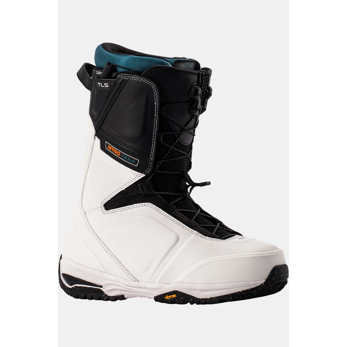 Chaussures de snowboard, chaussures de snowboard hautes, chaussures noires et blanches, système de laçage, Nitro Team, chaussures de snowboard, noir et blanc, semelle Vibram, laçage et boucle, Nitro-Tec