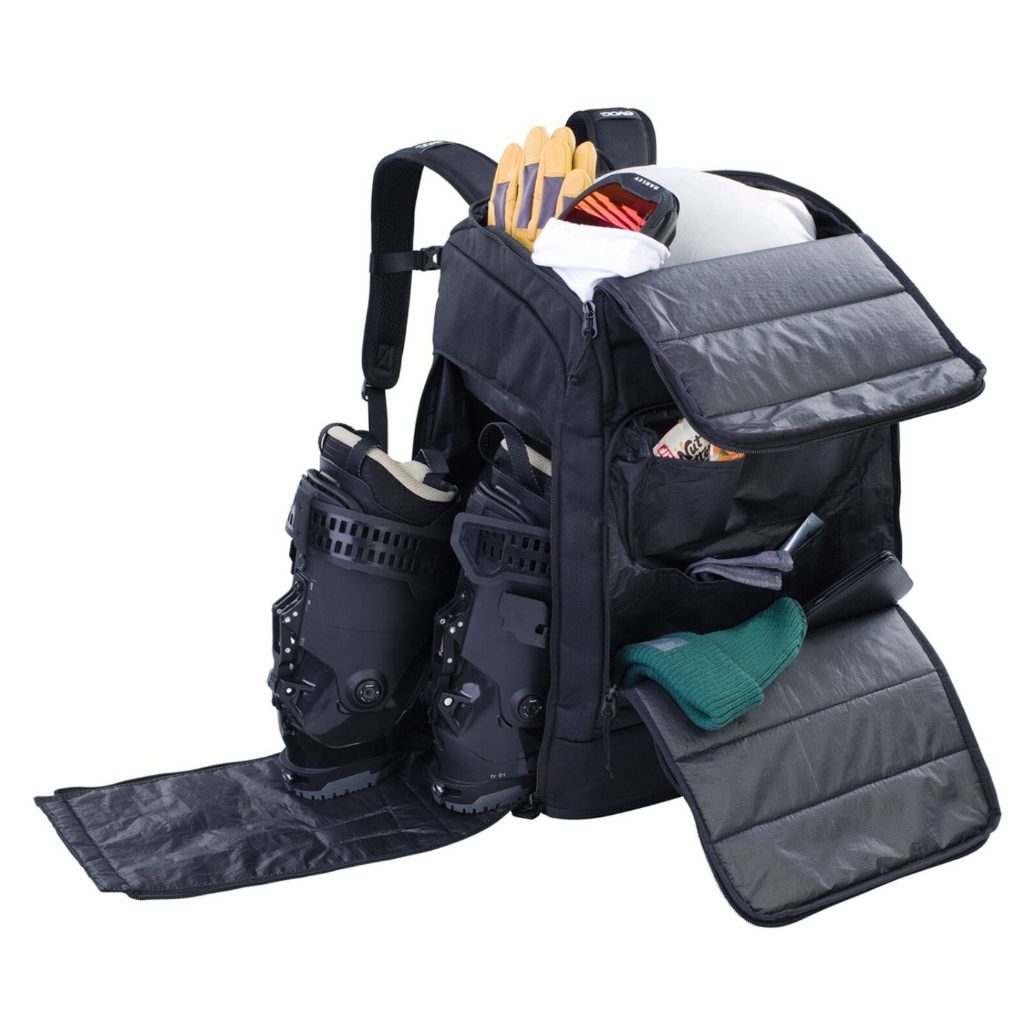 Sac à dos, chaussures de ski, compartiment à bagages, gants, accessoires de ski