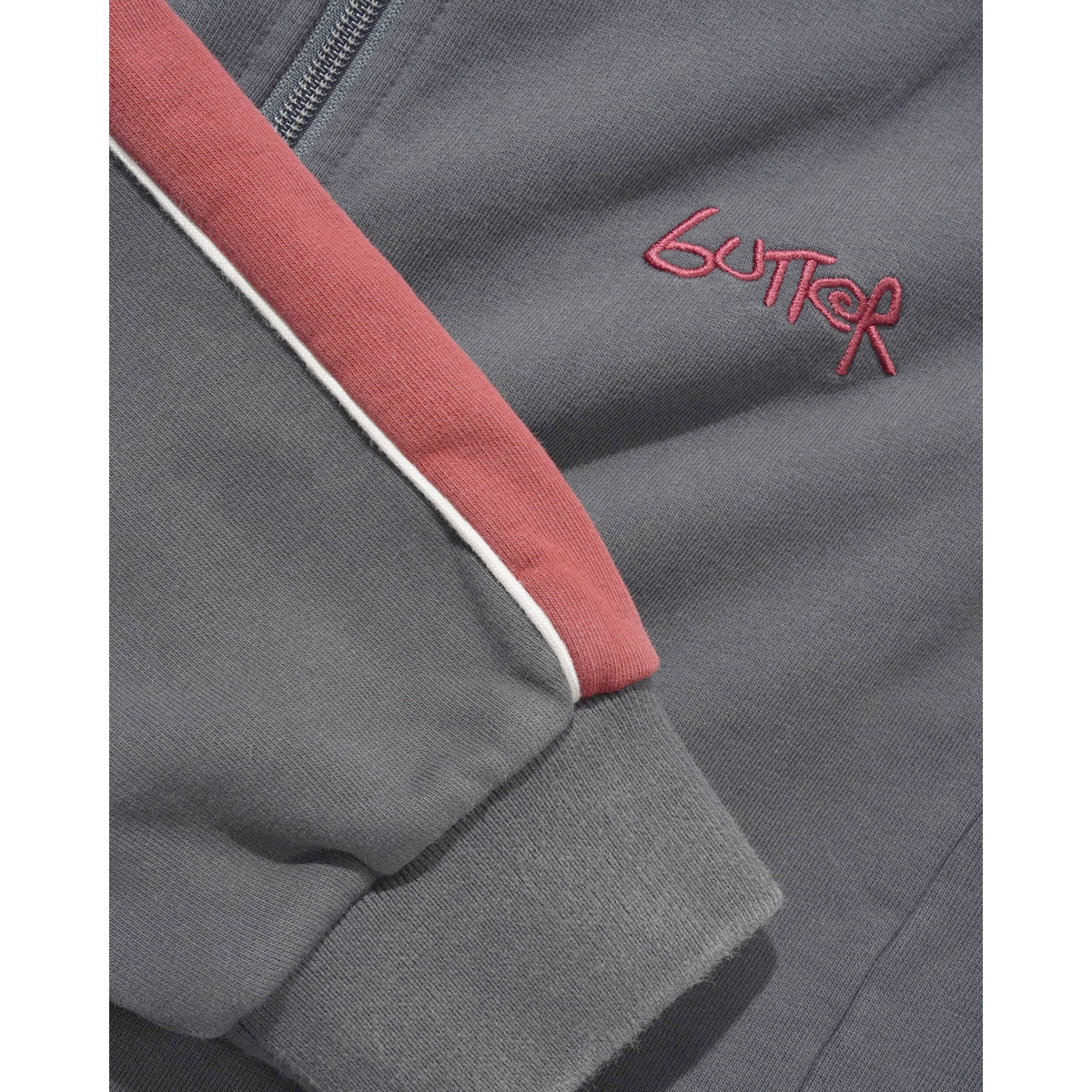 dunkelblau, Rippstrick, Ärmelstreifen, rote Kante, Sweatshirt, hoodie, Reißverschluss, Grau, rote-Band, gestickt