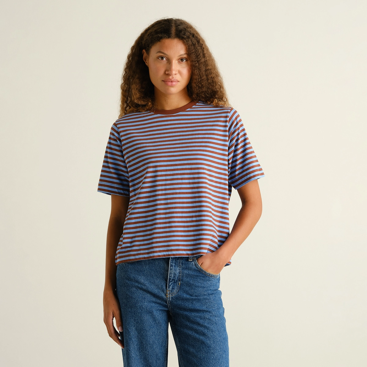  gestreiftes shirt, t-Shirt, kurzarm, blau braun gestreift, baumwolljersey, T-Shirt, Streifenshirt, Kurzarm, Blau Braun, Casualoberteil
