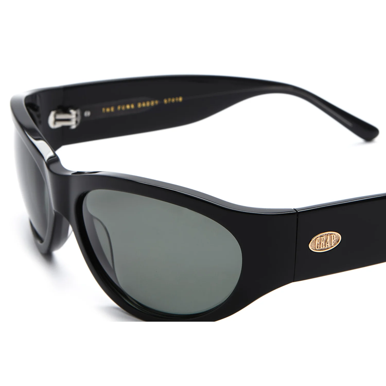 Sonnenbrille, schwarzer Kunststoffrahmen, graue Gläser, breite Bügel, ovale Gläser