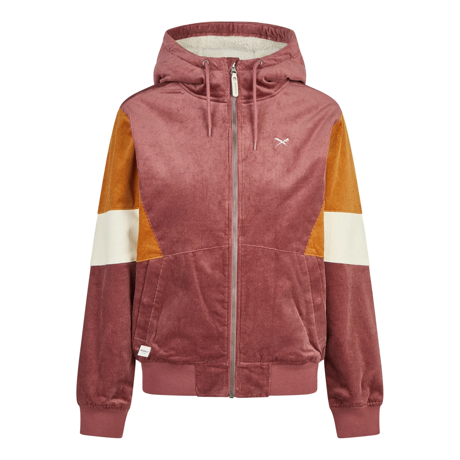 Blotchy Cord Jacket Veste à capuche, velours côtelé, fermeture éclair, motif à blocs de couleur, vieux rose