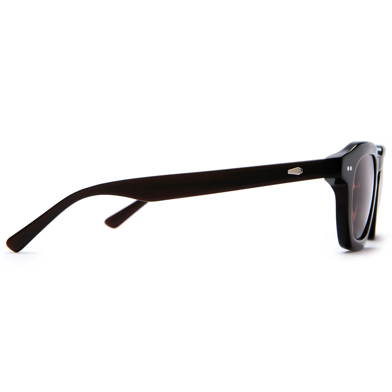 Sonnenbrille, schwarzer Kunststoffrahmen, getönte Gläser, rechteckige Form, Metallakzent