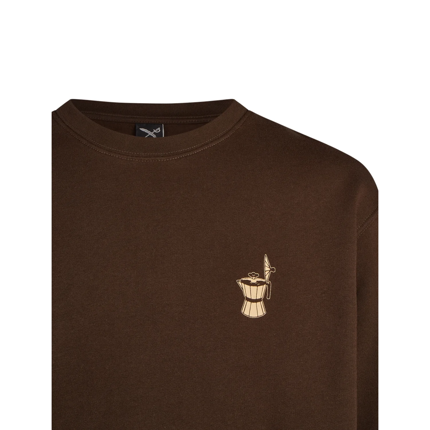 Couchboy Crewneck T-shirt, marron foncé, col rond, manches courtes, imprimé « cafetière »
