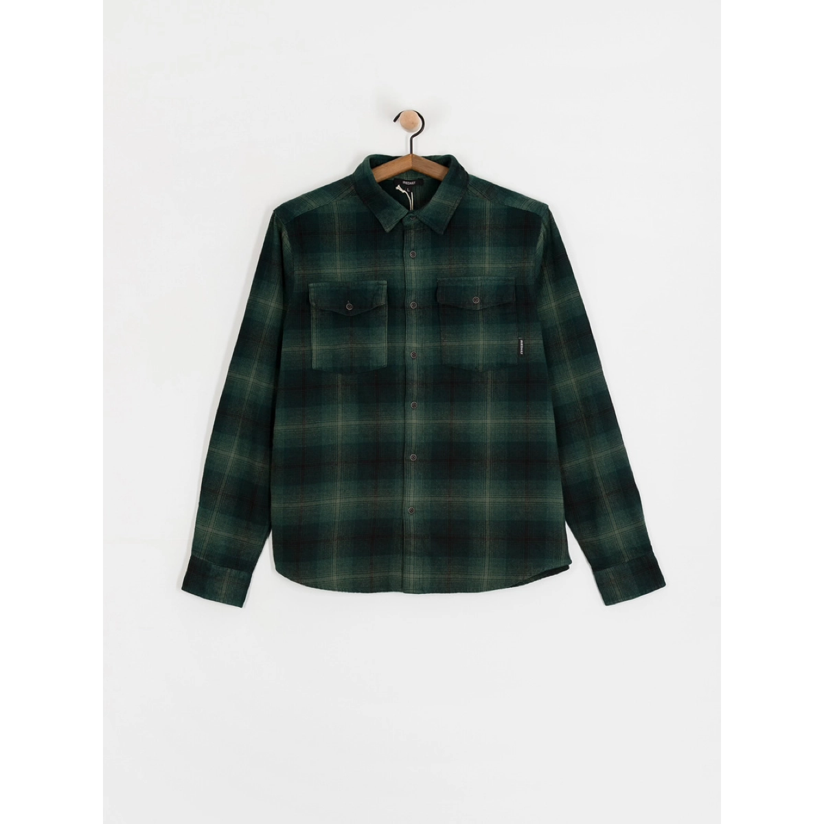 Chemise en flanelle, à carreaux, vert foncé, patte de boutonnage, poches poitrine