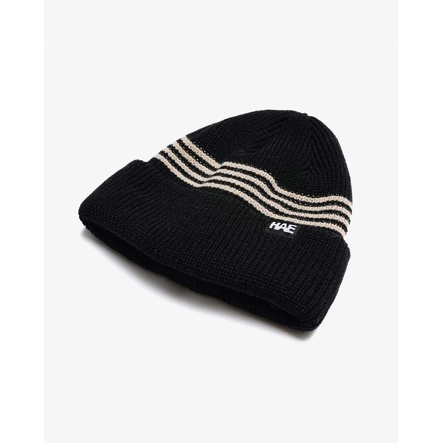 Bonnet en tricot, noir, à revers, motif rayé, tricot côtelé