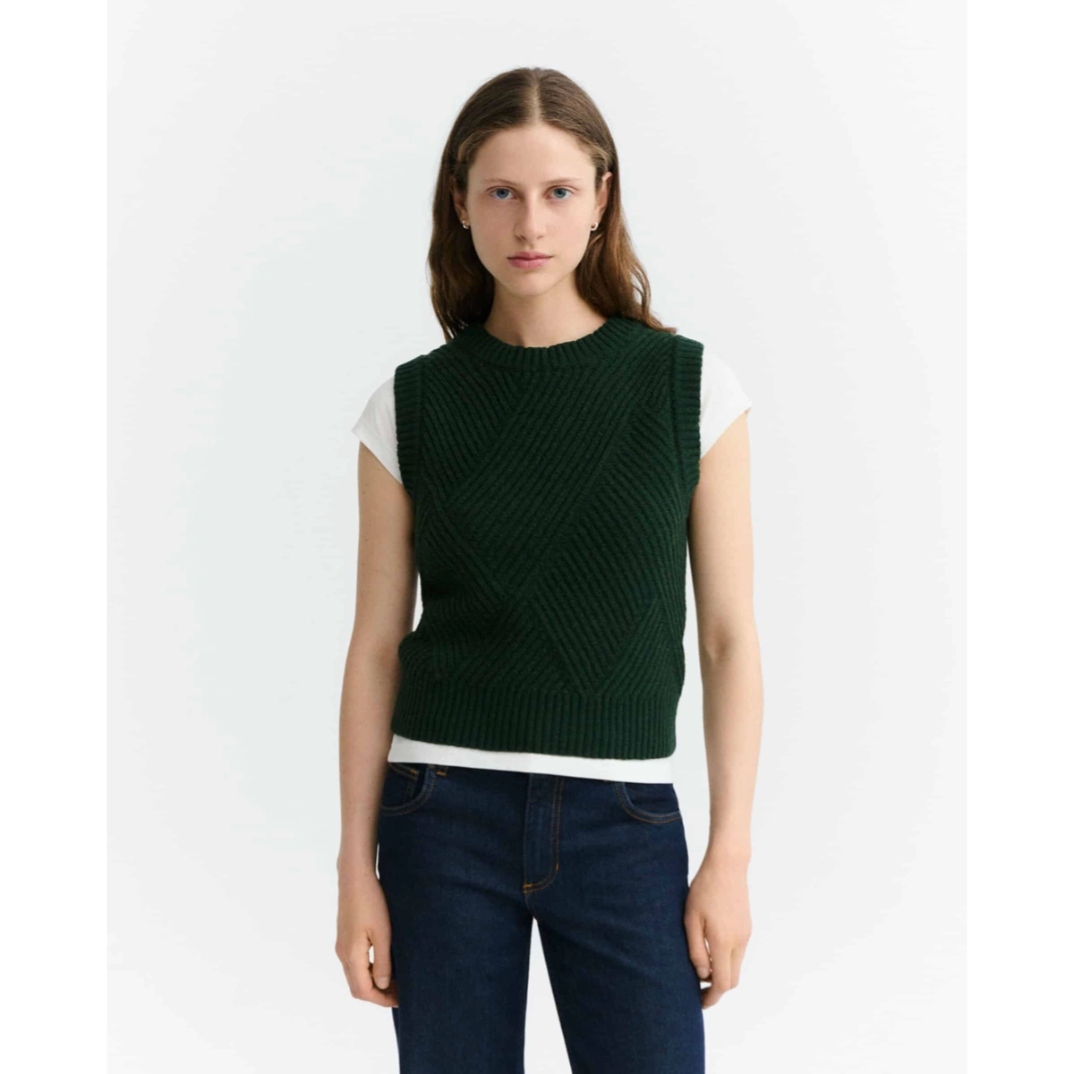 Weste, Strickweste, Oversized, Grün, Ärmellose Layering-Weste, Weste, Strickweste, Dunkelgrün, Ärmellose Schicht, Kragenlose Weste