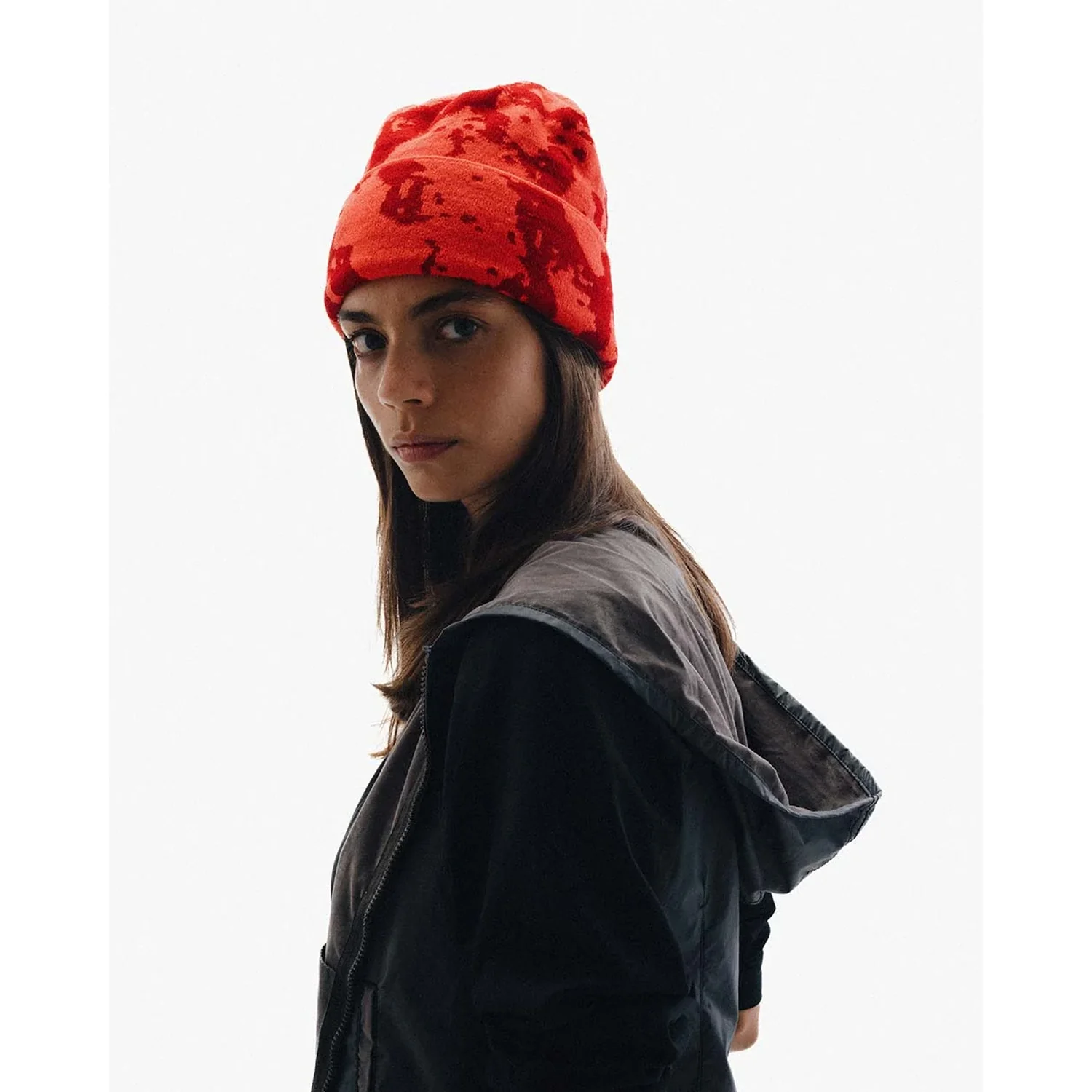 Faceshot Beanie Bonnet en tricot, rouge, motif camouflage, bord rabattu