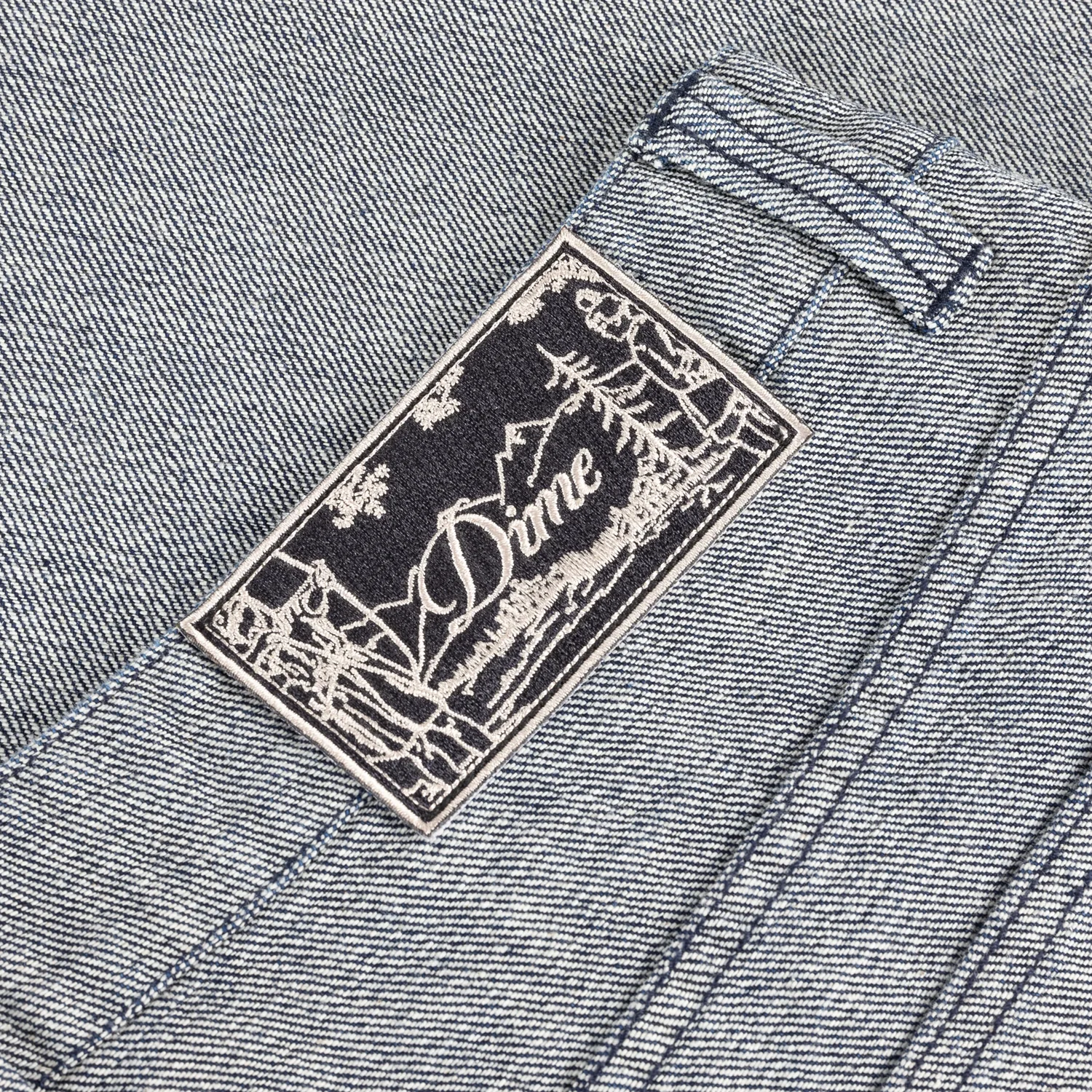 Jeansstoff, Blau-Weiß, Diagonalstreifen, Gürtelschlaufe, Textiletikett