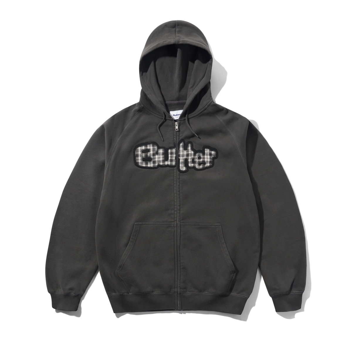 hoodie, Reißverschluss, Plaid, Aufnäher, dunkelgrau, Hoodie, Zip-Up, Kapuzenpullover, Kängurutasche, Plaid Logo