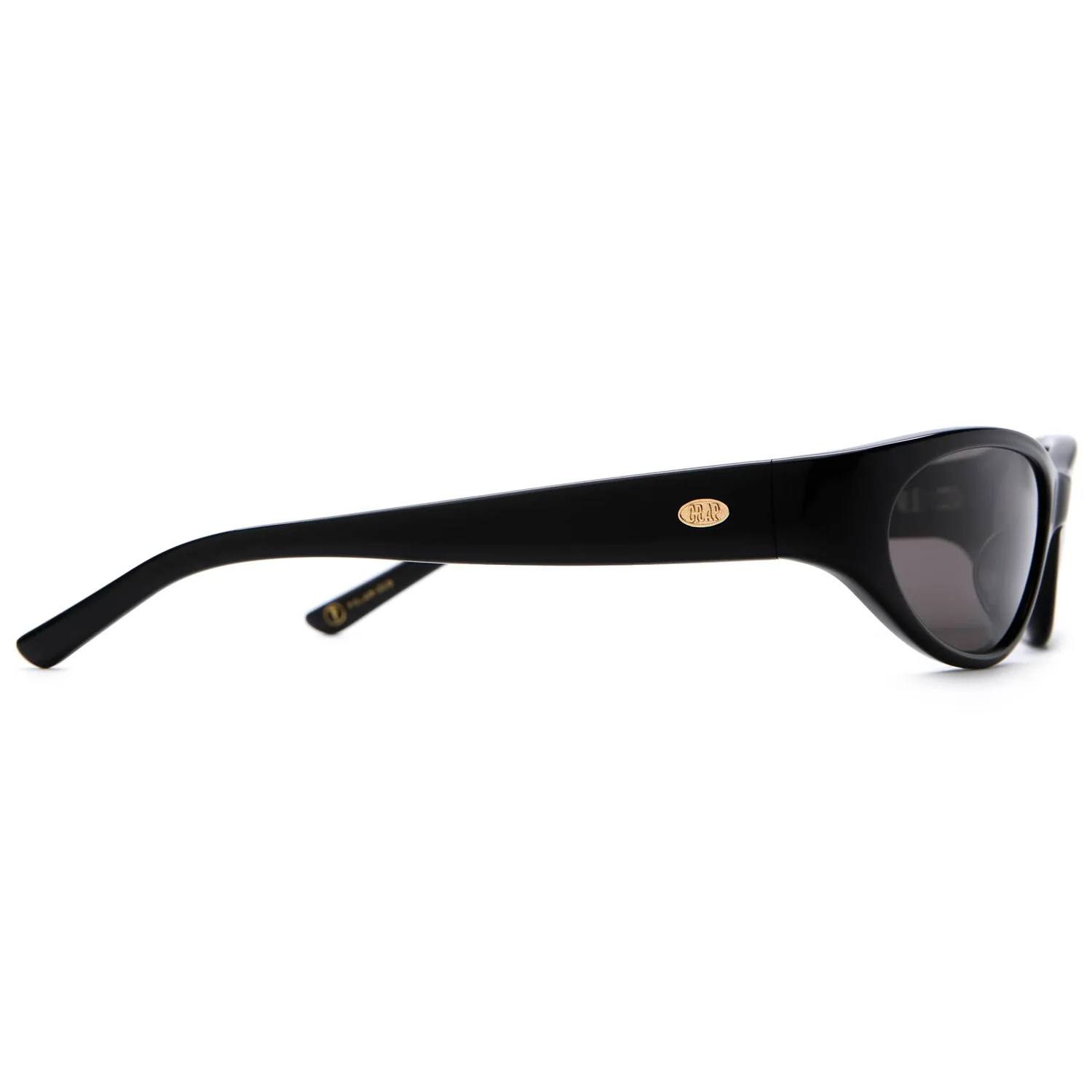 Sonnenbrille, schwarzer Kunststoffrahmen, dunkle Gläser, ovale Form, Goldfarbenes Logo