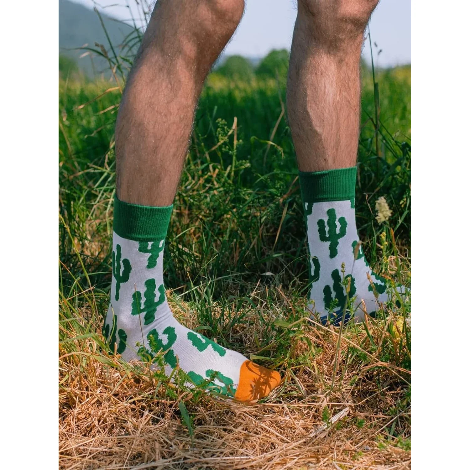 Chaussettes, motif cactus, tissu blanc, bords-côtes verts, pointe orange