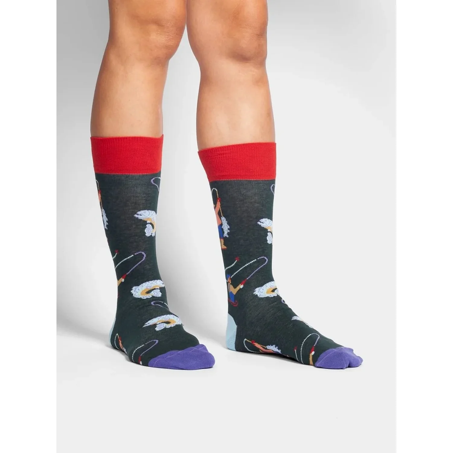 Chaussettes pour homme, motif « pêcheur », gris foncé, bord-côte rouge, orteils colorés