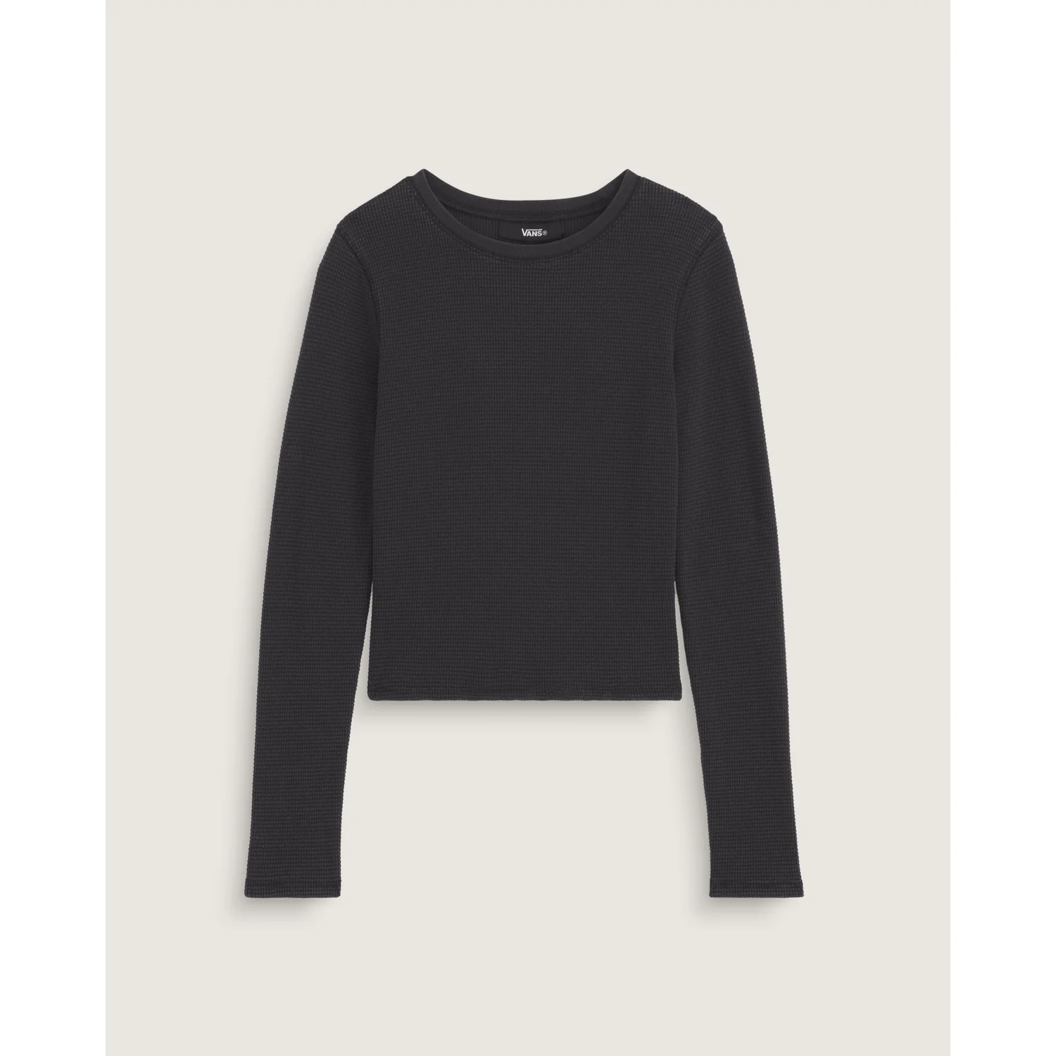 Teri Waffle Long Sleeve Langarmshirt, schwarz, Rundhalsausschnitt, Waffelstrick, kurzer Schnitt