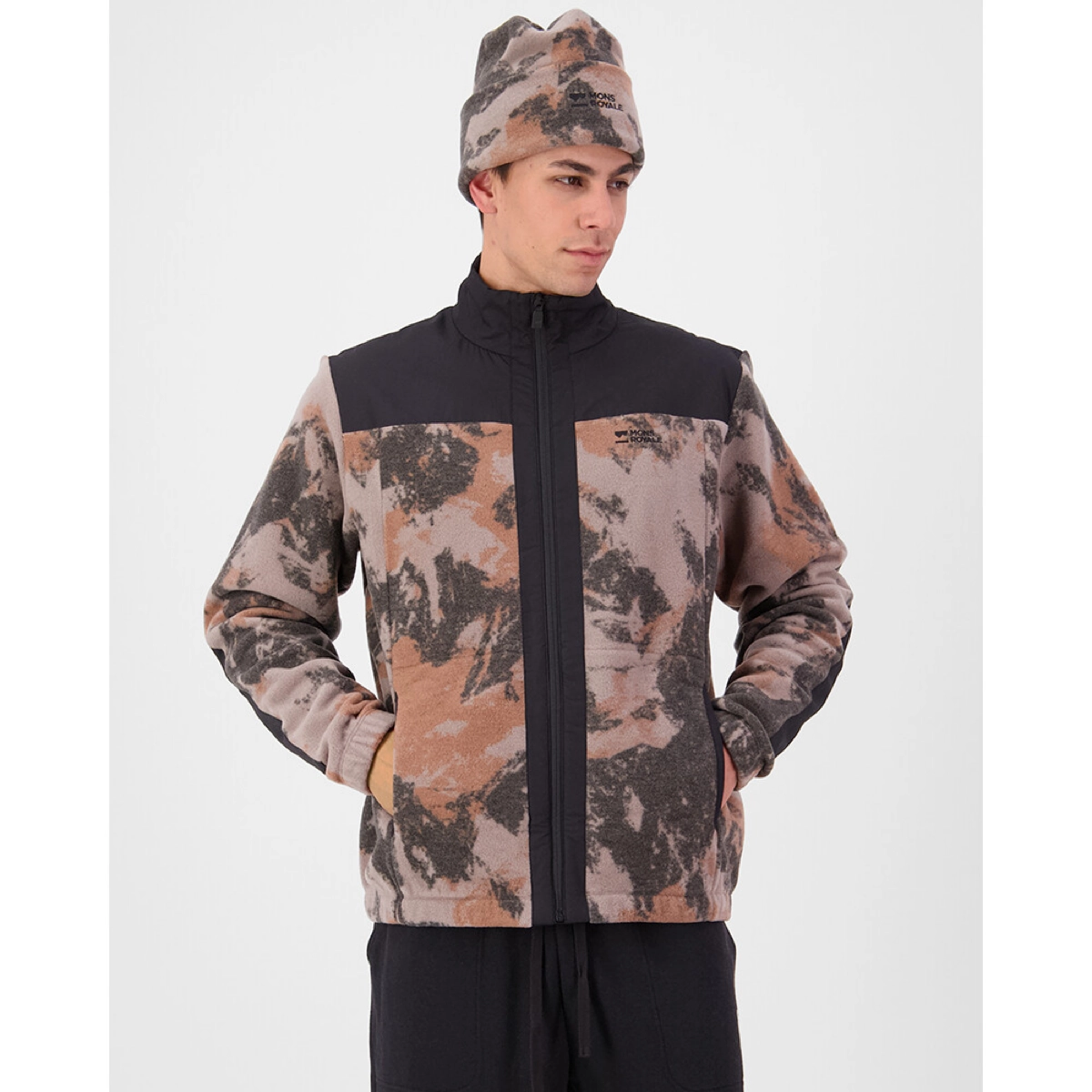 Fleecejacke, Tarnmuster, Vollreißverschluss, Kapuze, Farbblock