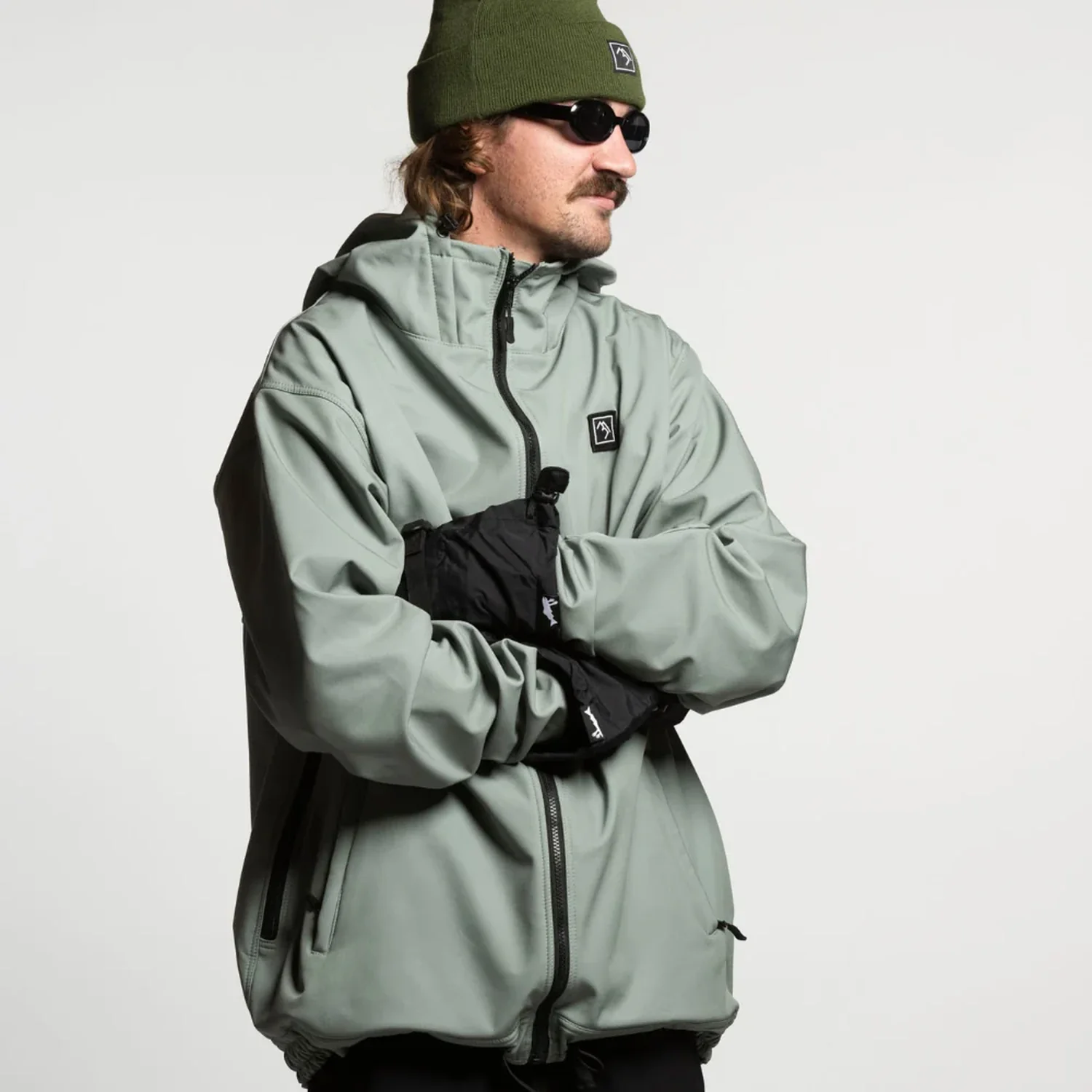 Veste softshell, capuche, fermeture éclair, vert sauge, coupe-vent