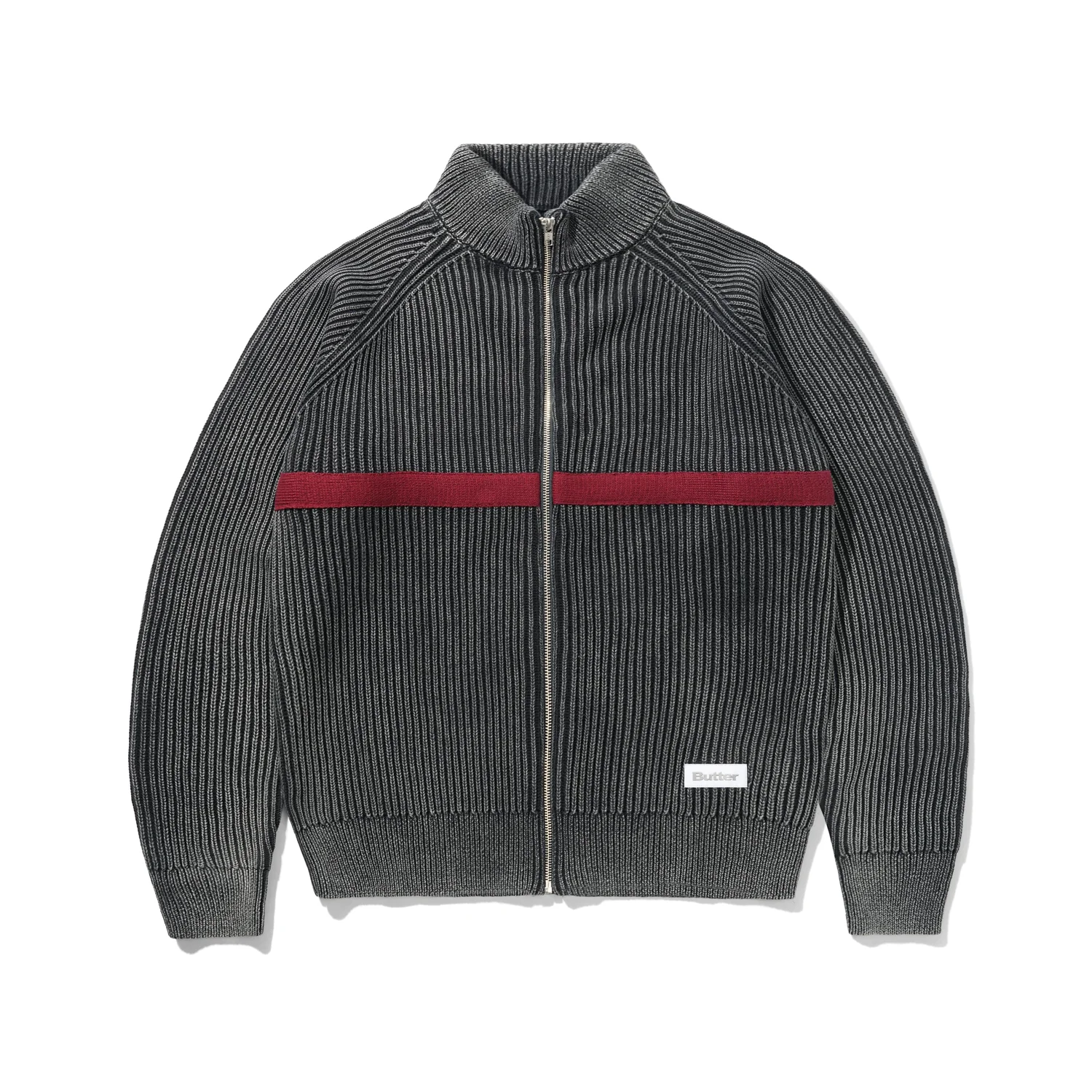 Strickjacke, Reißverschluss, Rippstrick, Anthrazit, Roter Streifen