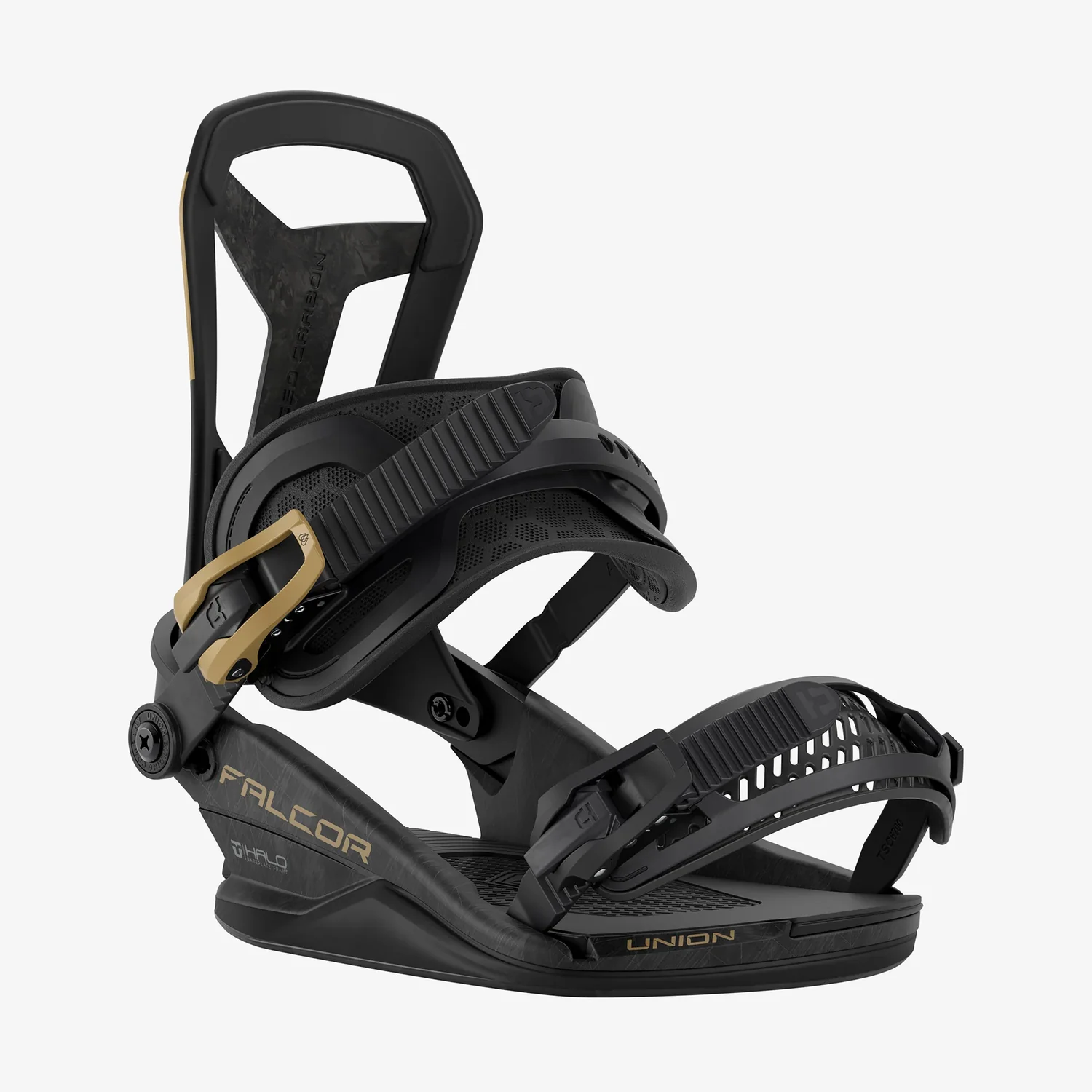 Snowboardbindung, schwarz, goldene Akzente, Ratschenverschluss, Highback