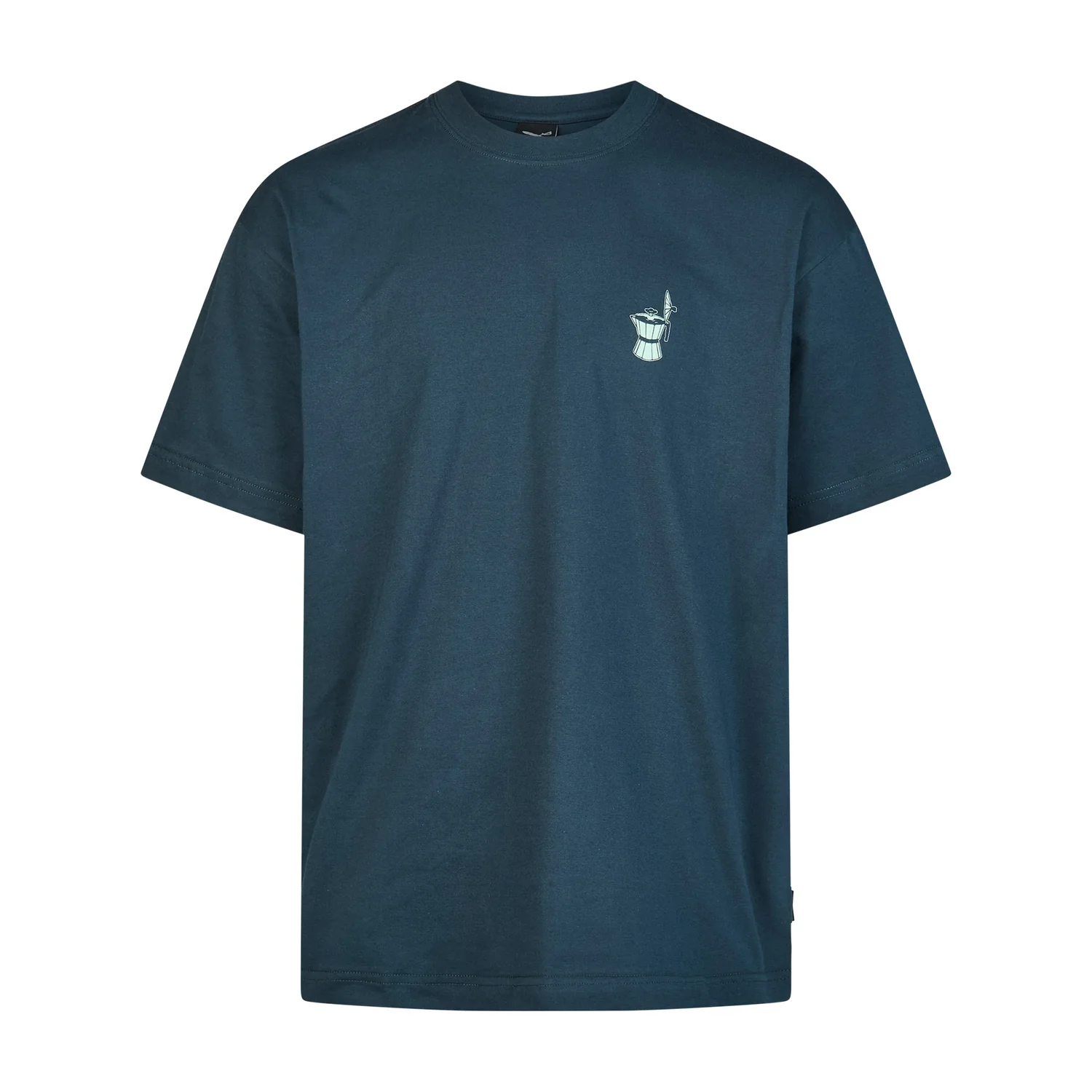T-shirt, bleu foncé, col rond, manches courtes, petit imprimé