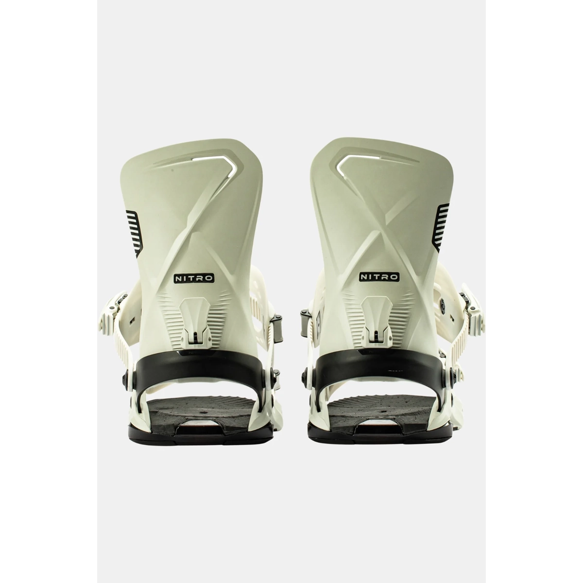 Schnee-Schuhbindungen, weiße Bindungen, Nitro sichtbar, Step-in Bindungen, verstellbare Bindungen, Snowboard bindings, Pair, White, Back view, NITRO