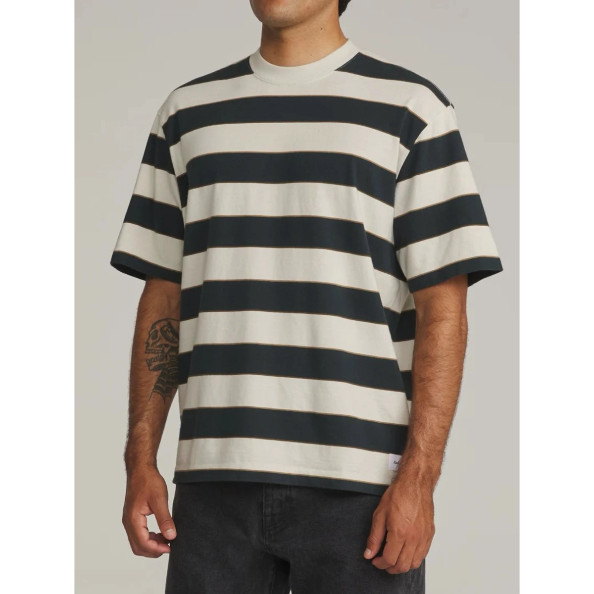 Streifen Shirt, Strickoberteil, Kurzarm, Marineblau beiges Streifen, Oversized Fit