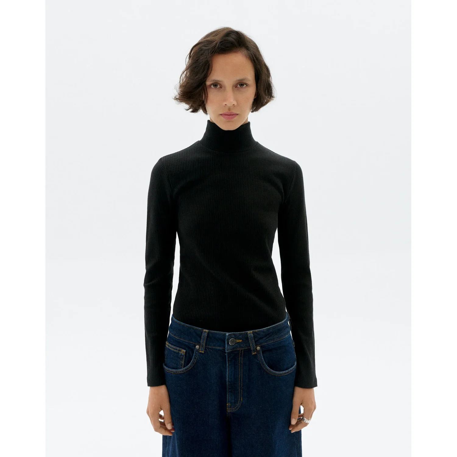 Rollkragenpullover, schwarz, Rippstrick, Langarm