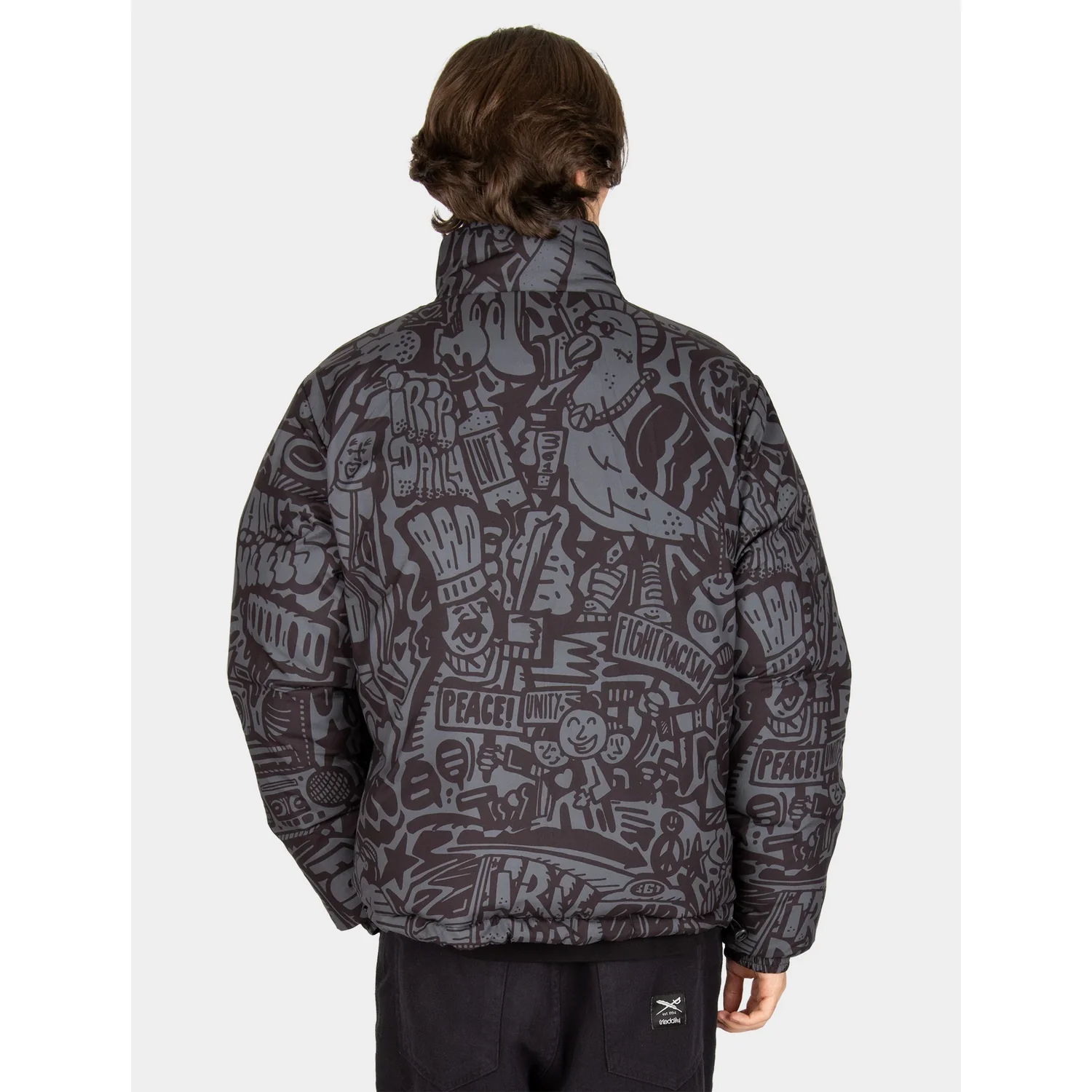 Reverser Puffer Jacket Veste pour homme, col montant, imprimé sur toute la surface, gris-noir, fermeture à glissière