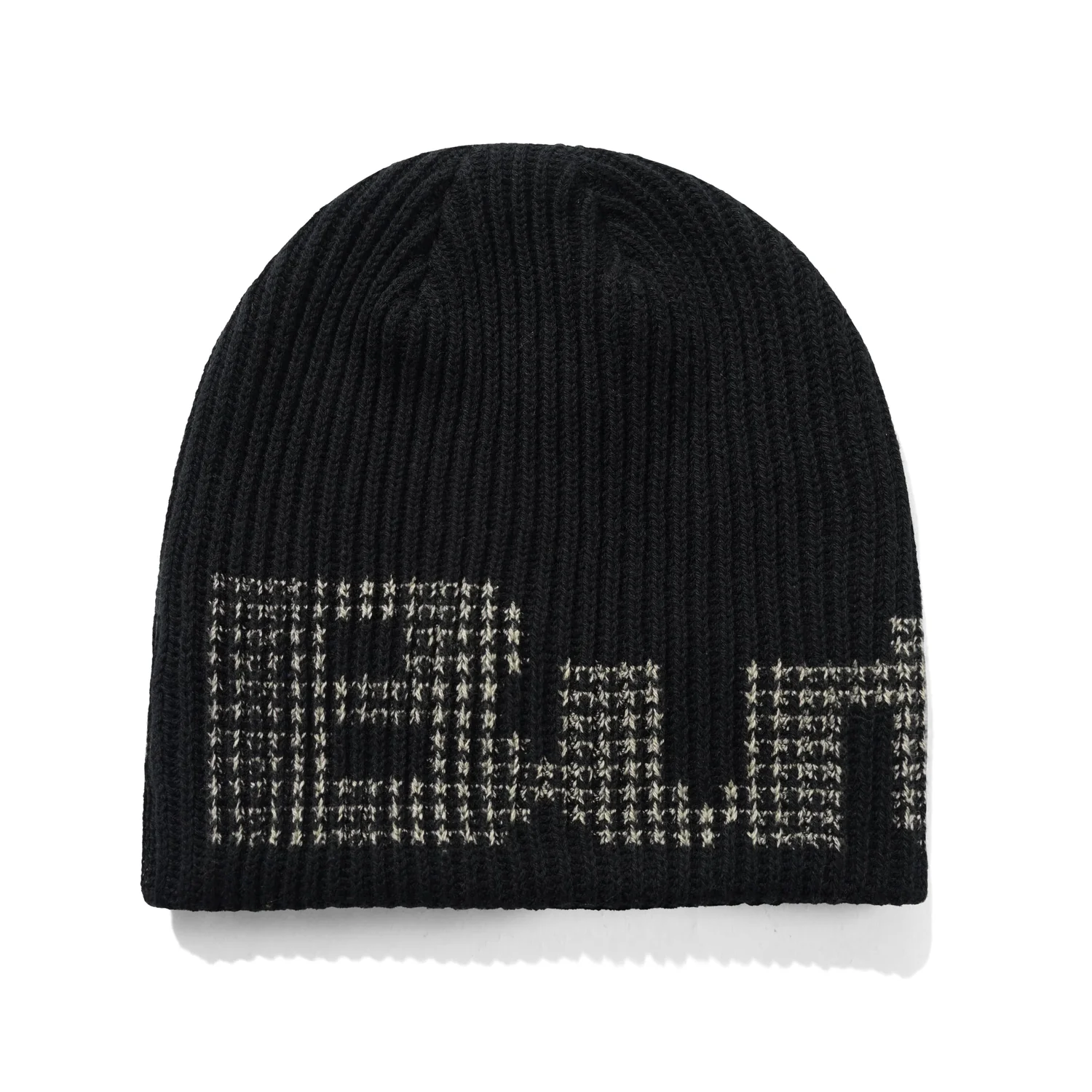Stars Skully Beanie Strickmütze, Schwarz, Rippstrick, Karomuster, Umschlaglos