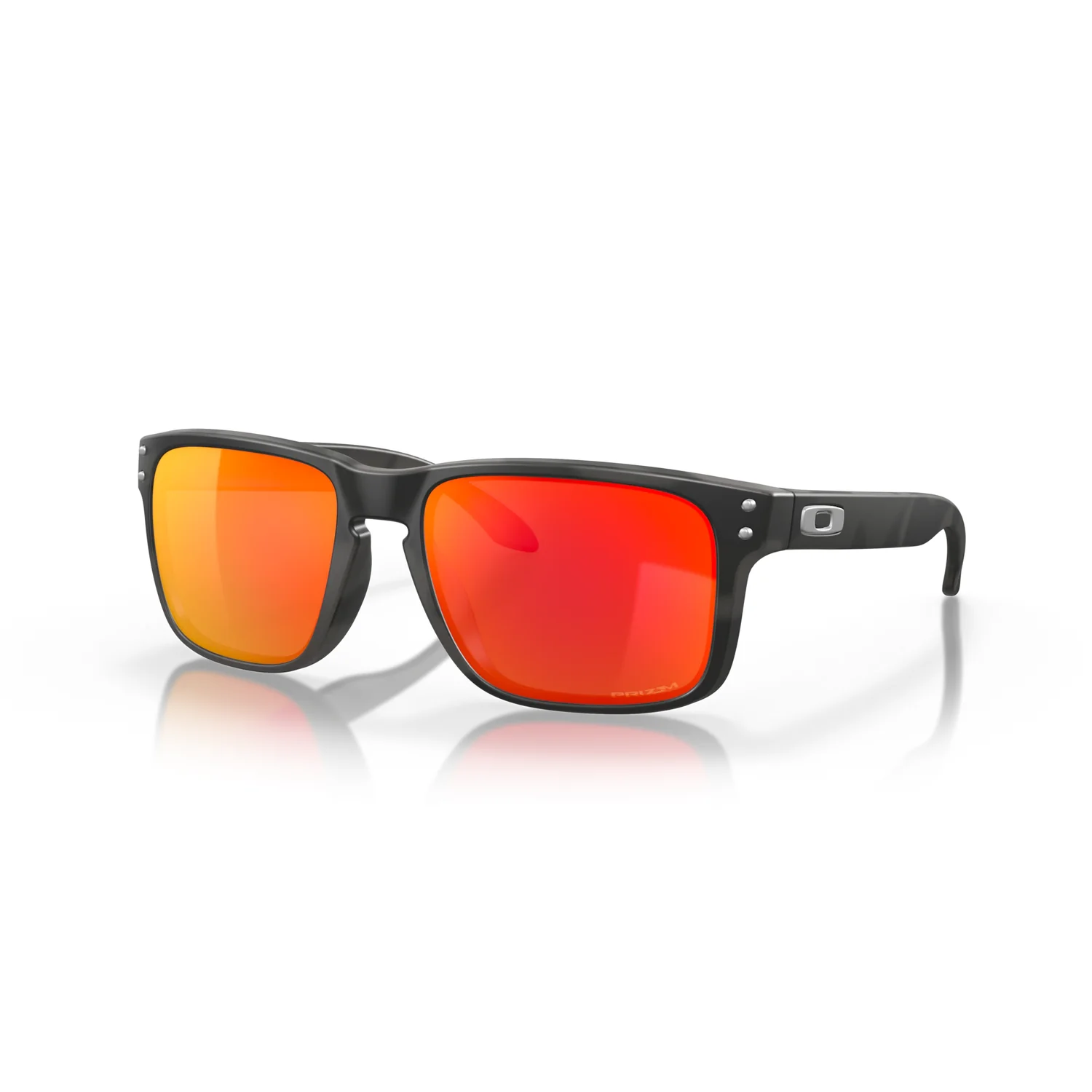 Sonnenbrille, schwarzes Kunststoffgestell, rote Spiegellinsen, rechteckige Gläser, Vollrandfassung