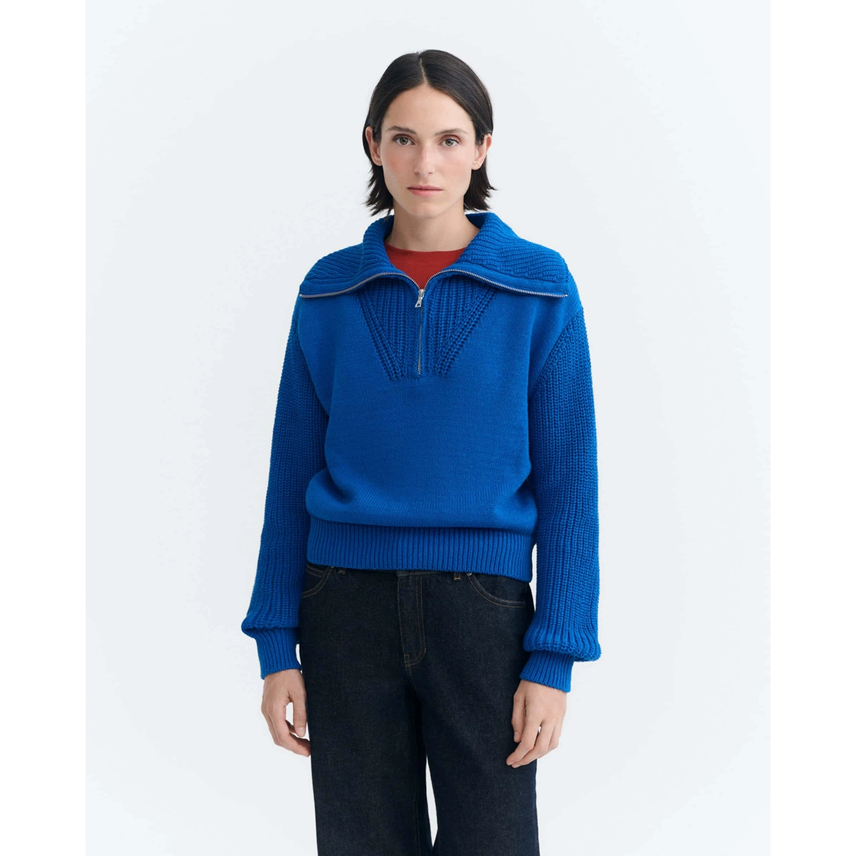 Pullover, Kapuzenpullover, Strickpullover, Zippverschluss, Kragenkragen, Pullover, Blue sweater, Knit pullover, Half-zip, Rib-knit cuffs