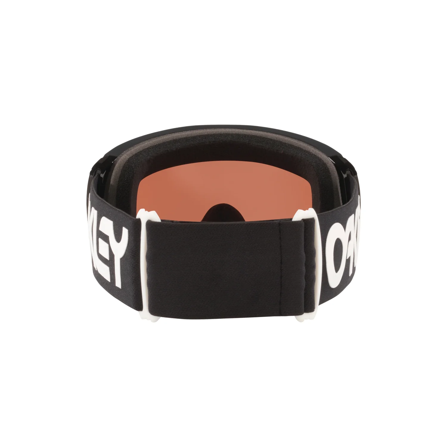 Skibrille, schwarzer Rahmen, orangefarbene Scheibe, elastisches Band, weiße Schrift