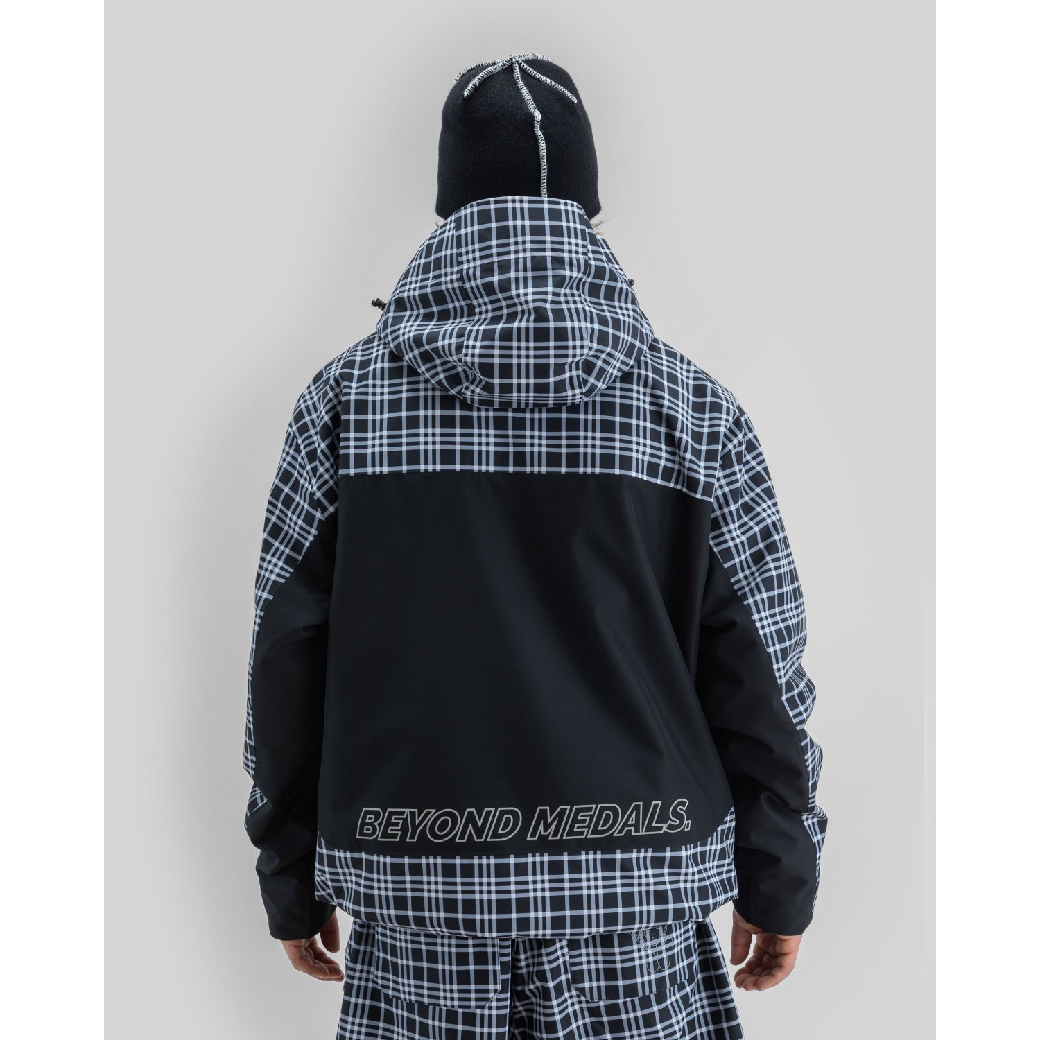 jacke, hoodie?, plaid?, schwarz, logo text